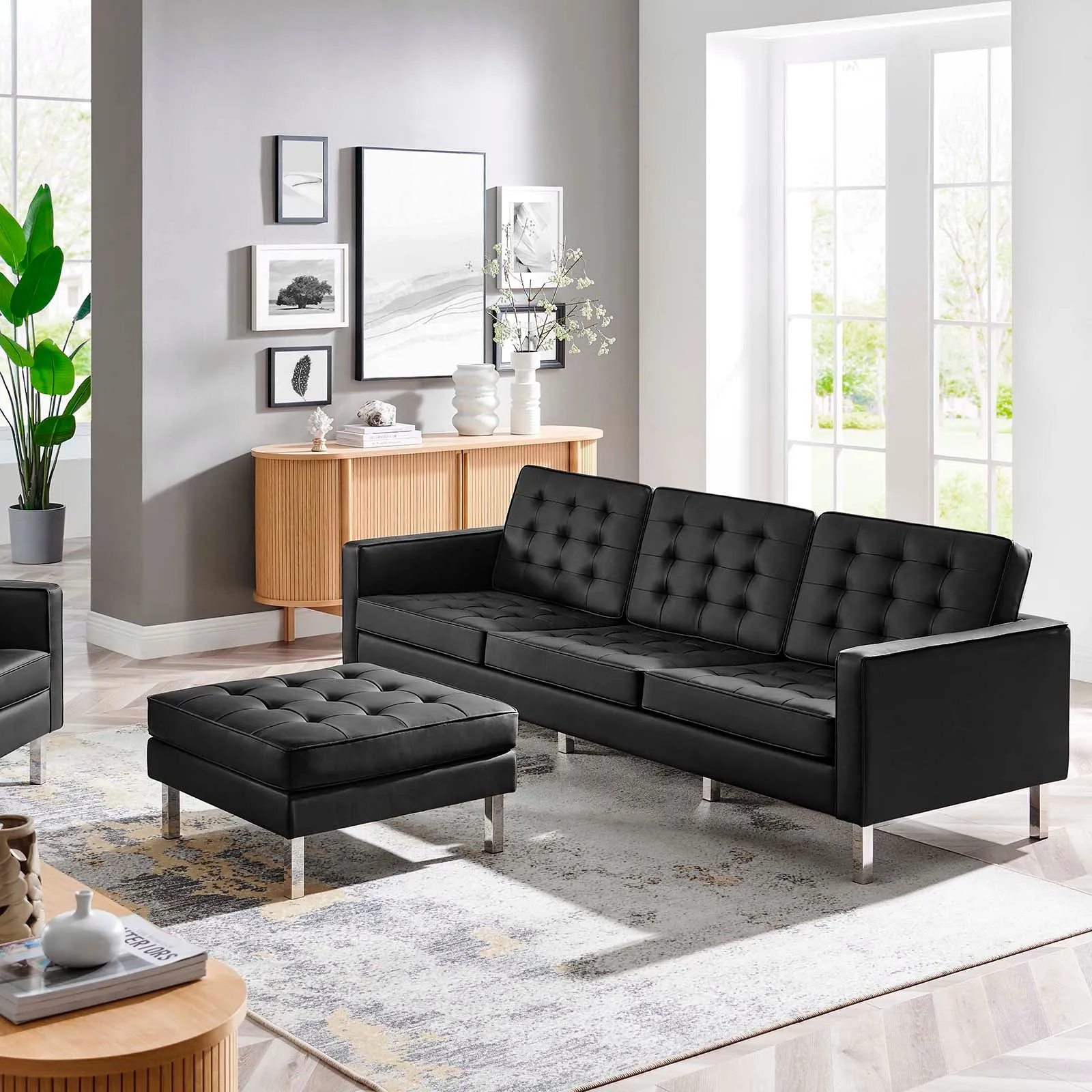 Loft Tufted Vegan Leather Sofa and Ottoman Set Silver Black EEI-6410-SLV-BLK-SET