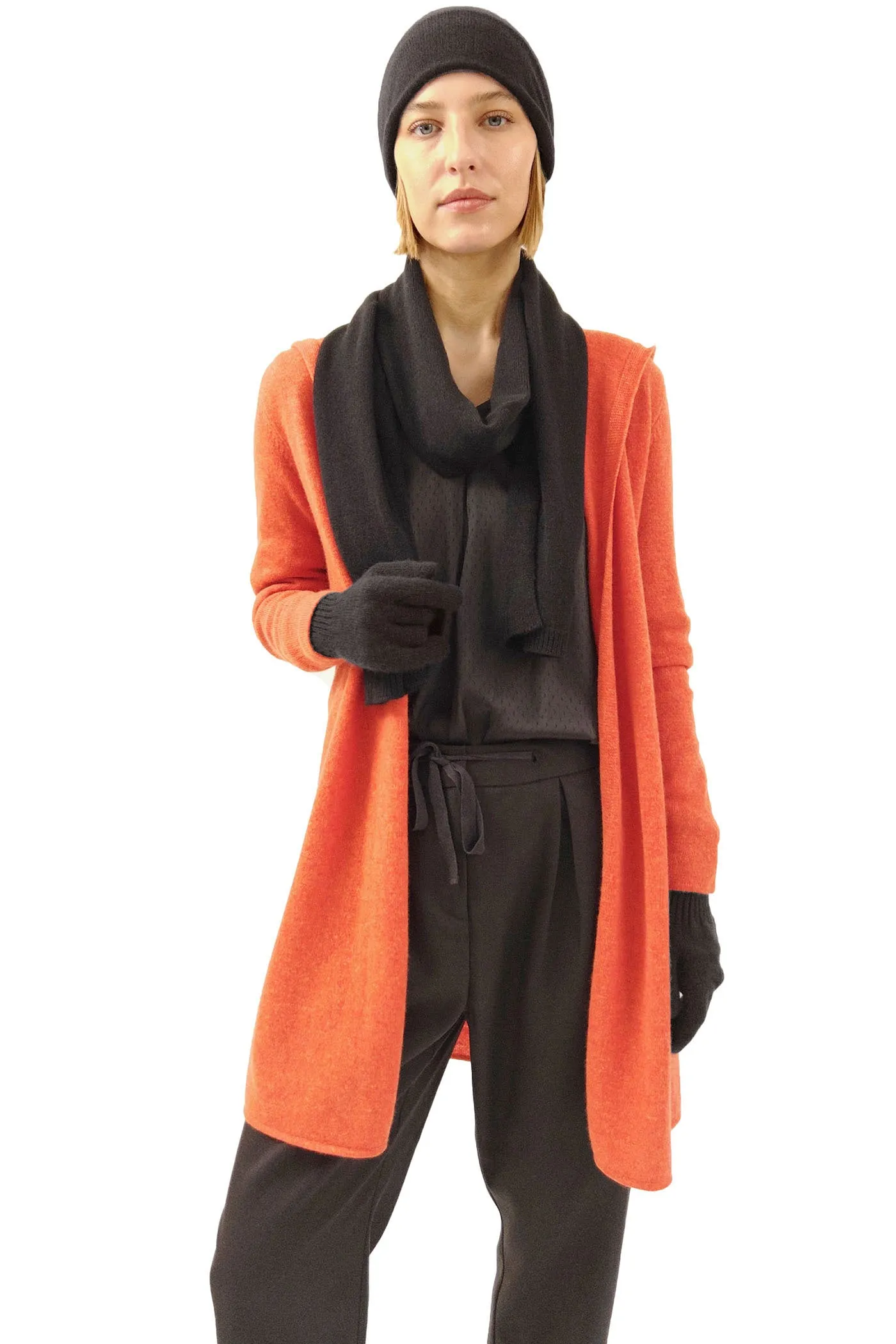 Long Cashmere Hooded Cardigan, Cardi in Burnt orange