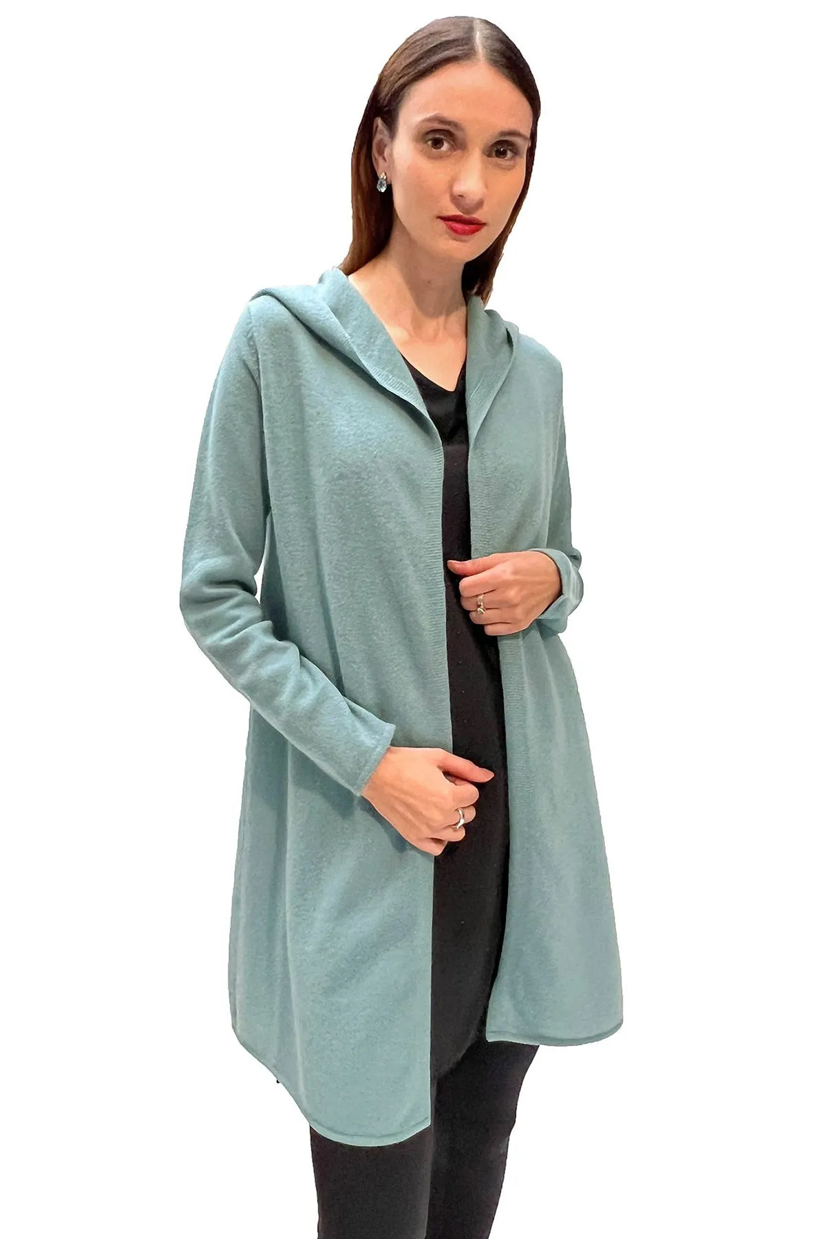 Long Cashmere Hooded Cardigan, Cardi in Green duck egg