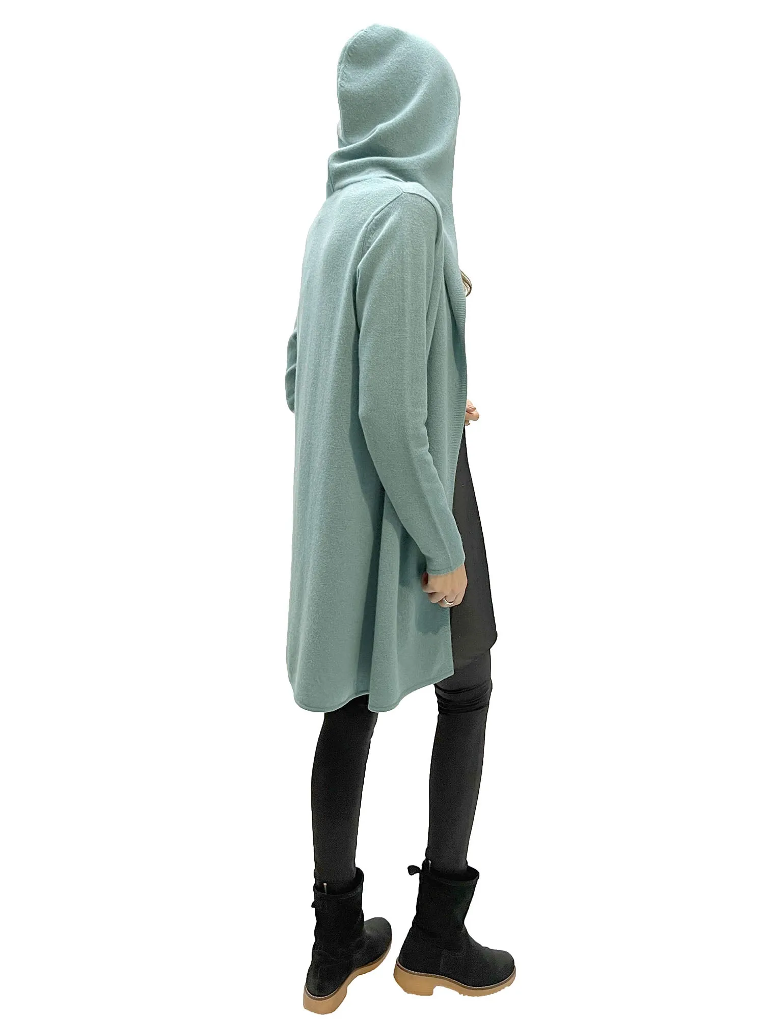 Long Cashmere Hooded Cardigan, Cardi in Green duck egg