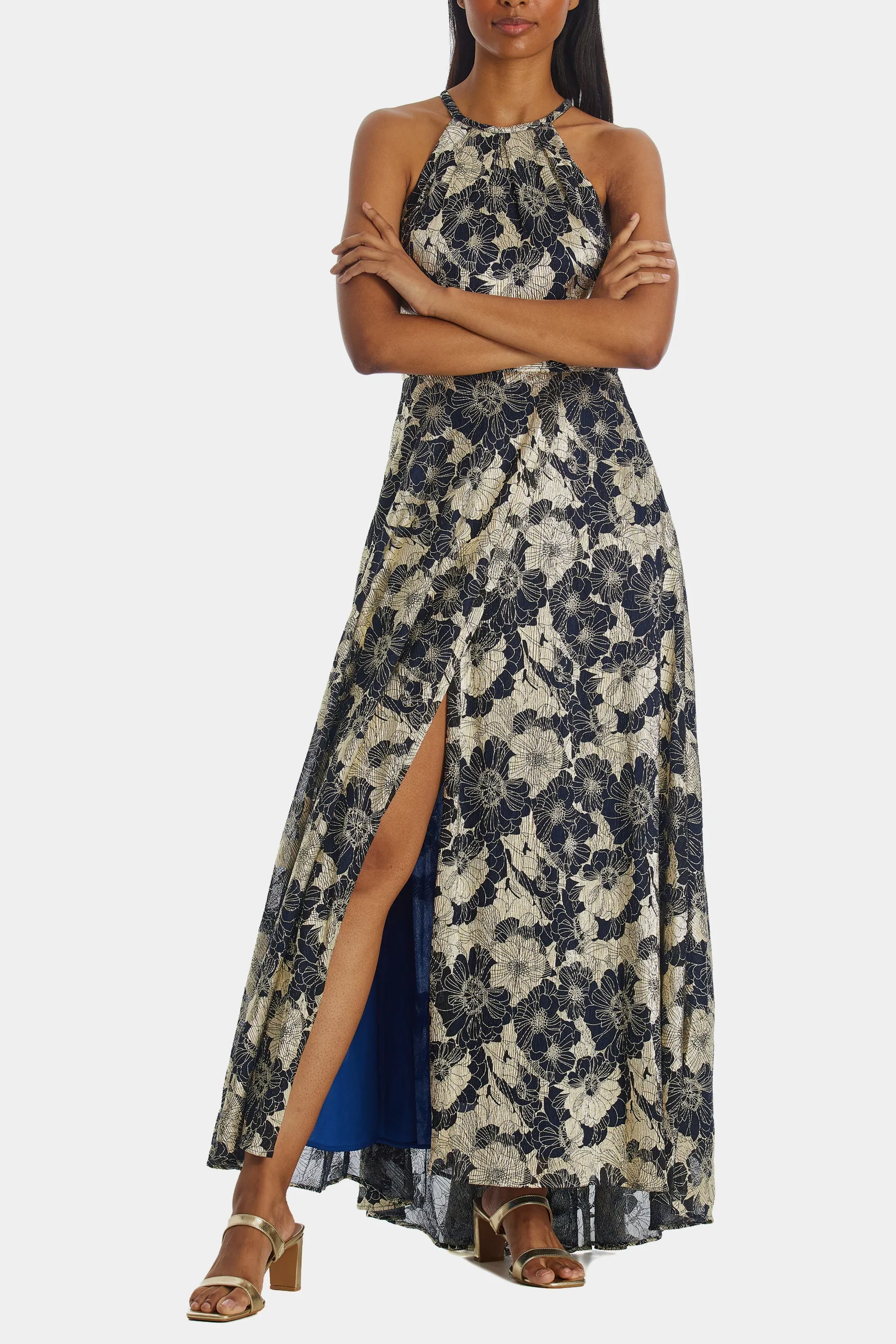 Long Halter Wrap Foil Print Dress