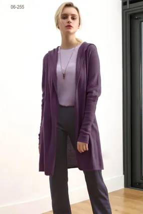 Long hooded cardigan, cashmere hoodie in plum