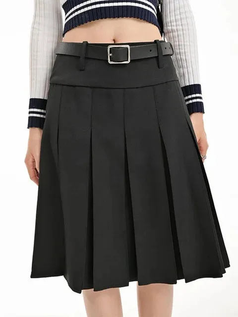 Loose Style Waist Summer Folds Street Casual Solid Pleated Preppy Skirt