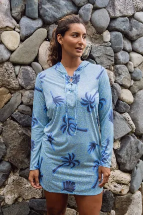 Maricel UPF50 Hooded Dress - Blue Palm Print