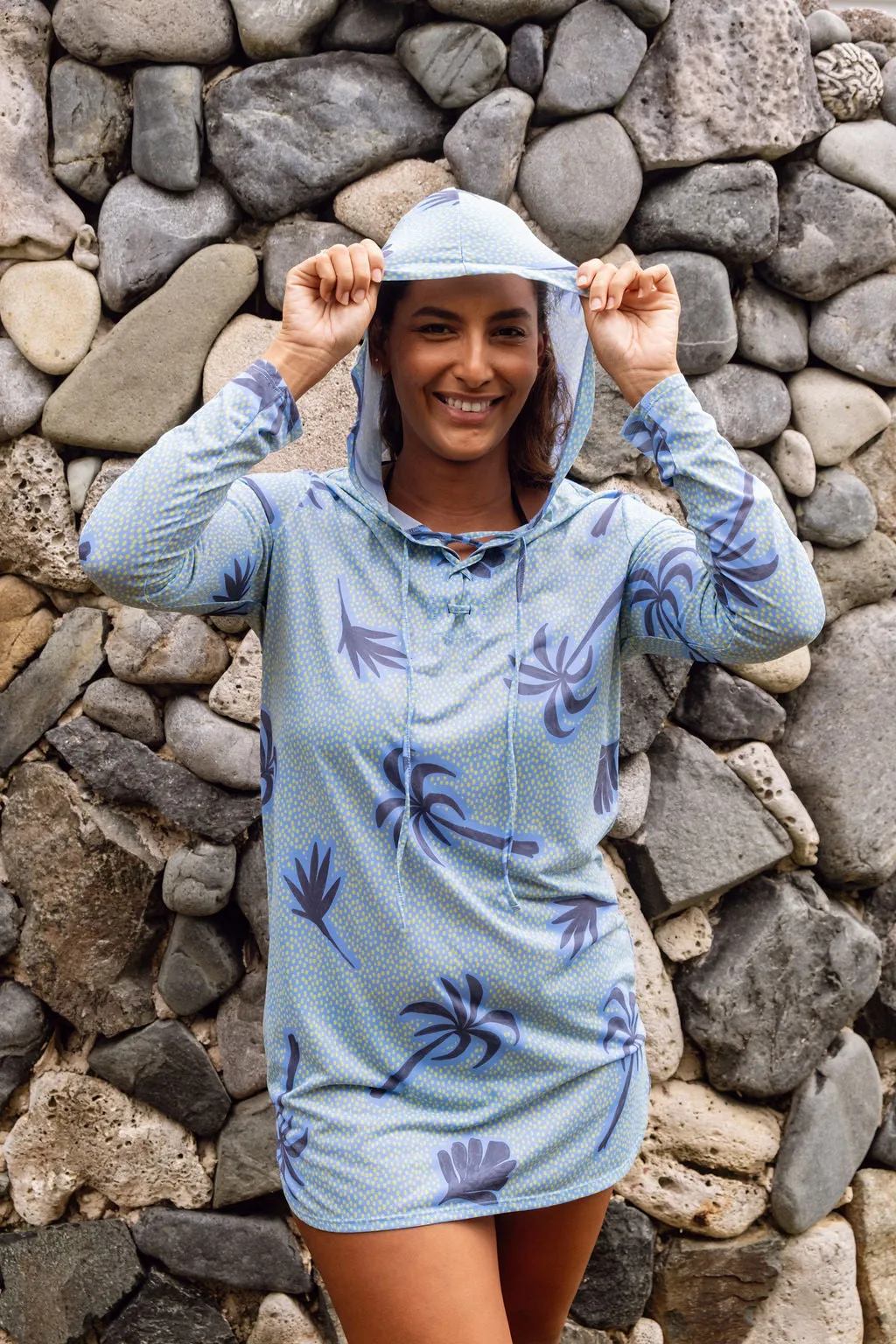 Maricel UPF50 Hooded Dress - Blue Palm Print