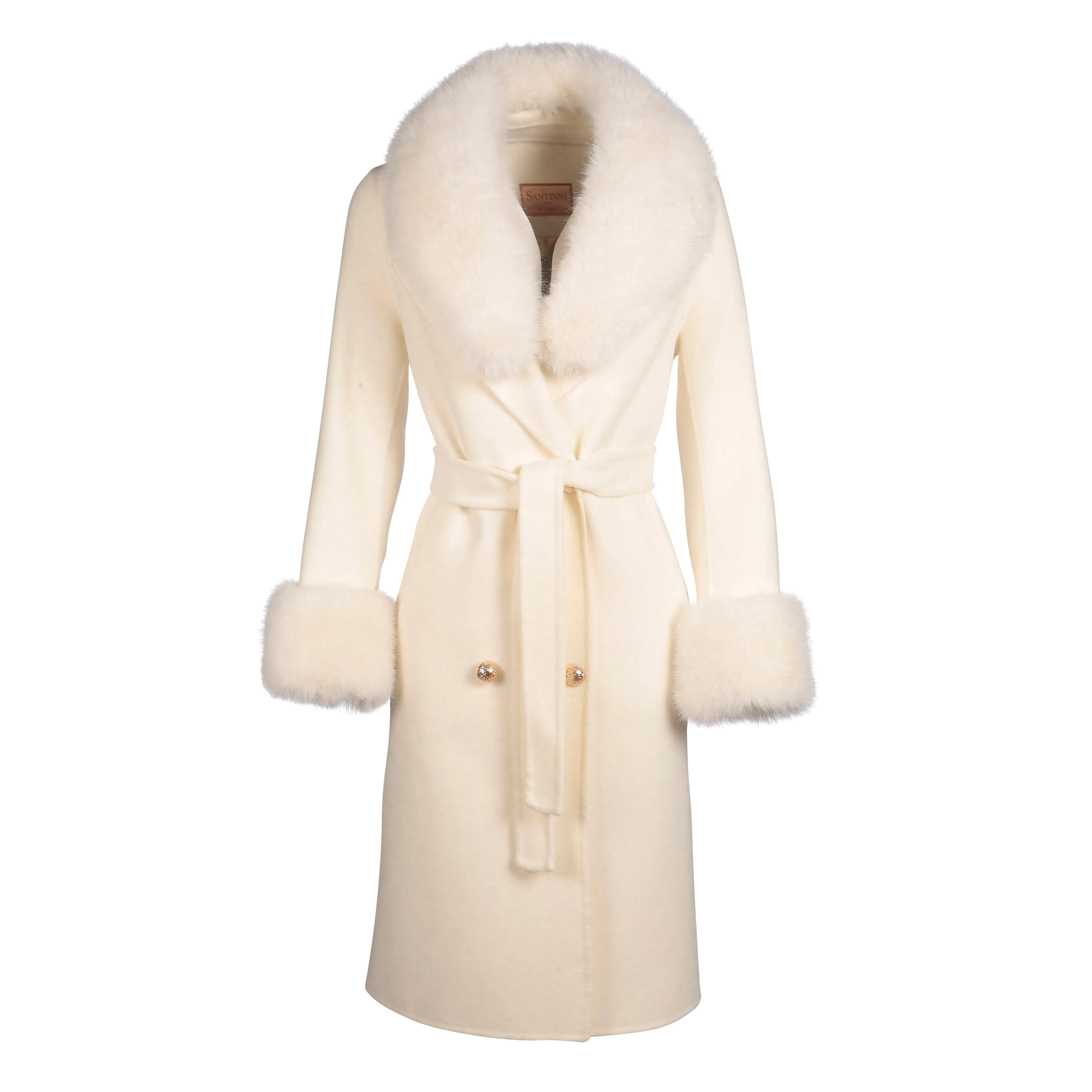 'Marlene' Cashmere and Wool Coat with Faux Fur in Bianco