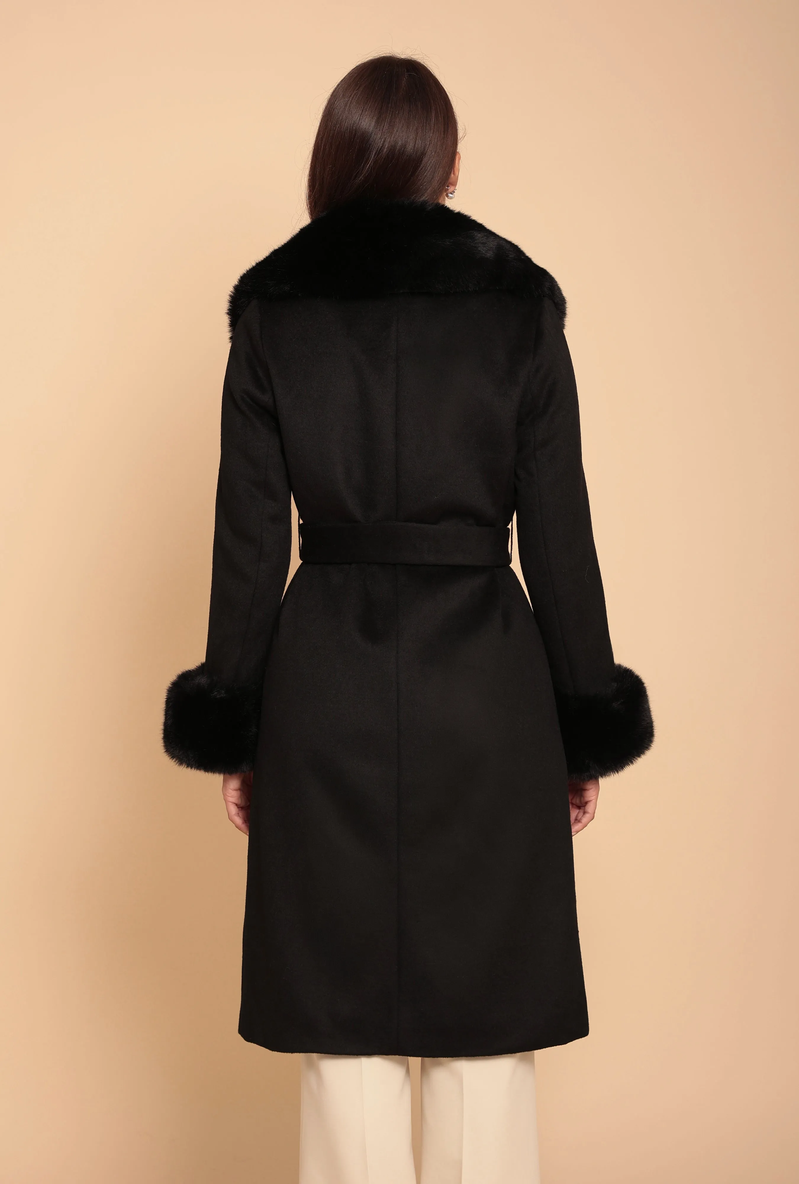 'Marlene' Cashmere and Wool Coat with Faux Fur in Nero