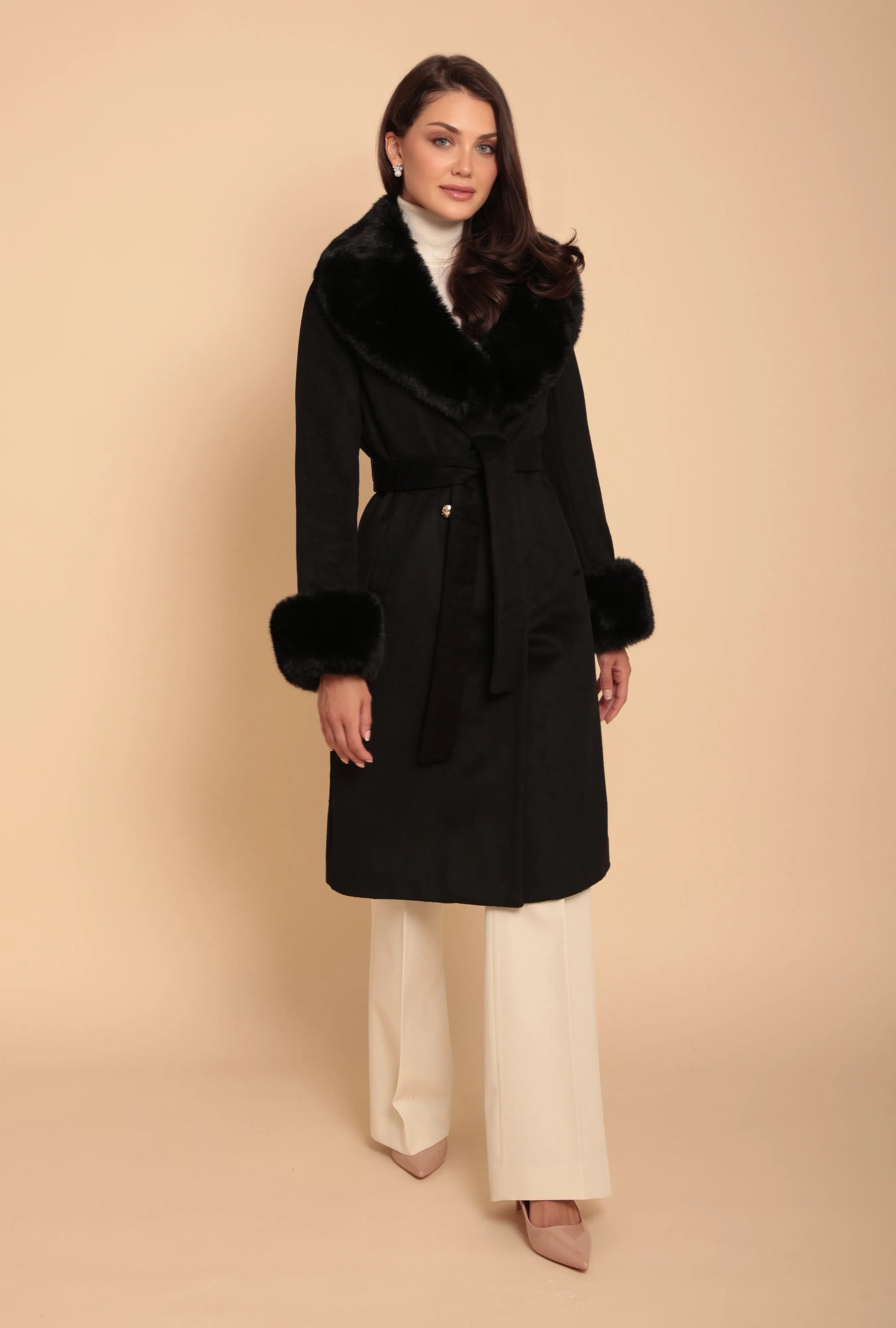 'Marlene' Cashmere and Wool Coat with Faux Fur in Nero