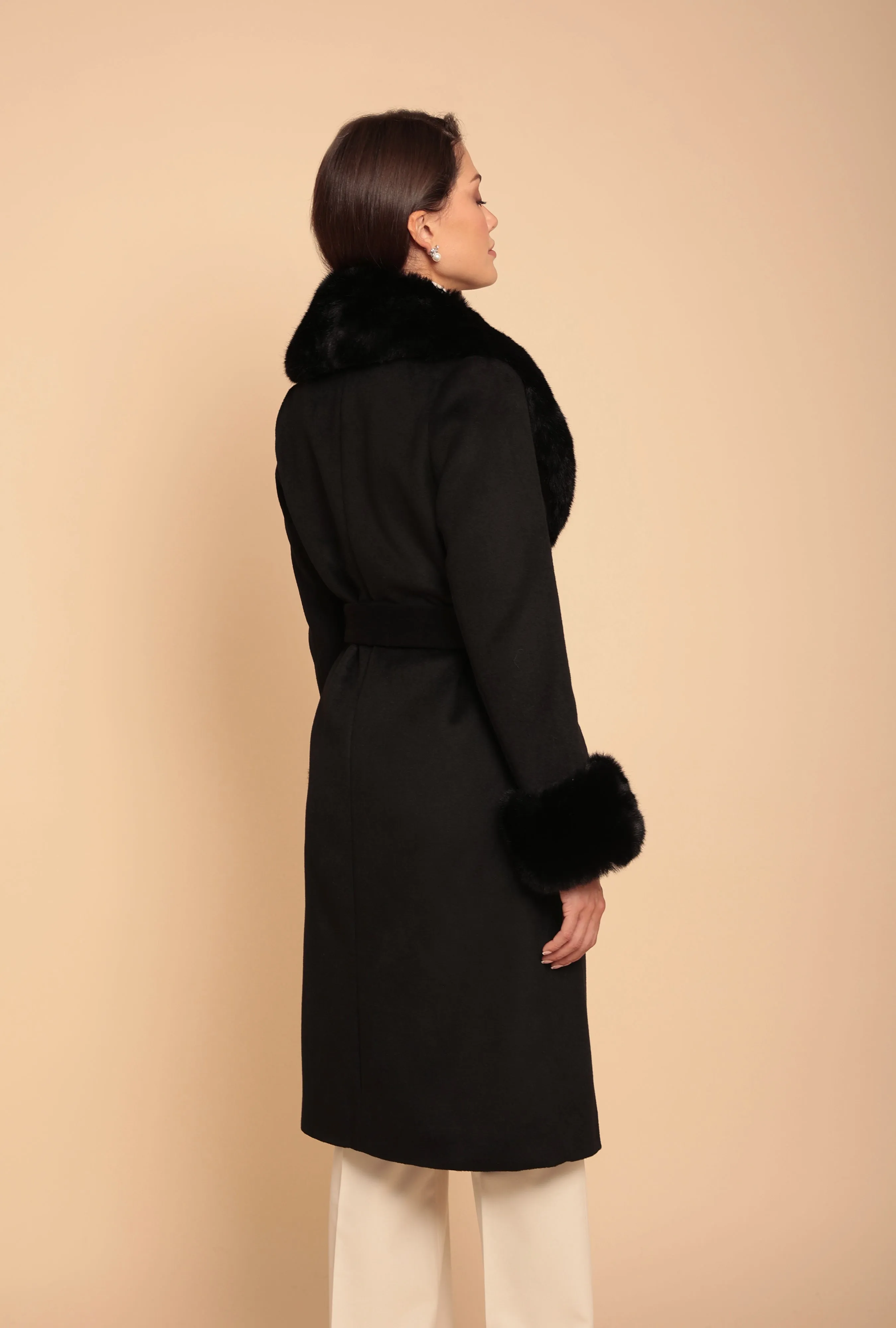 'Marlene' Cashmere and Wool Coat with Faux Fur in Nero