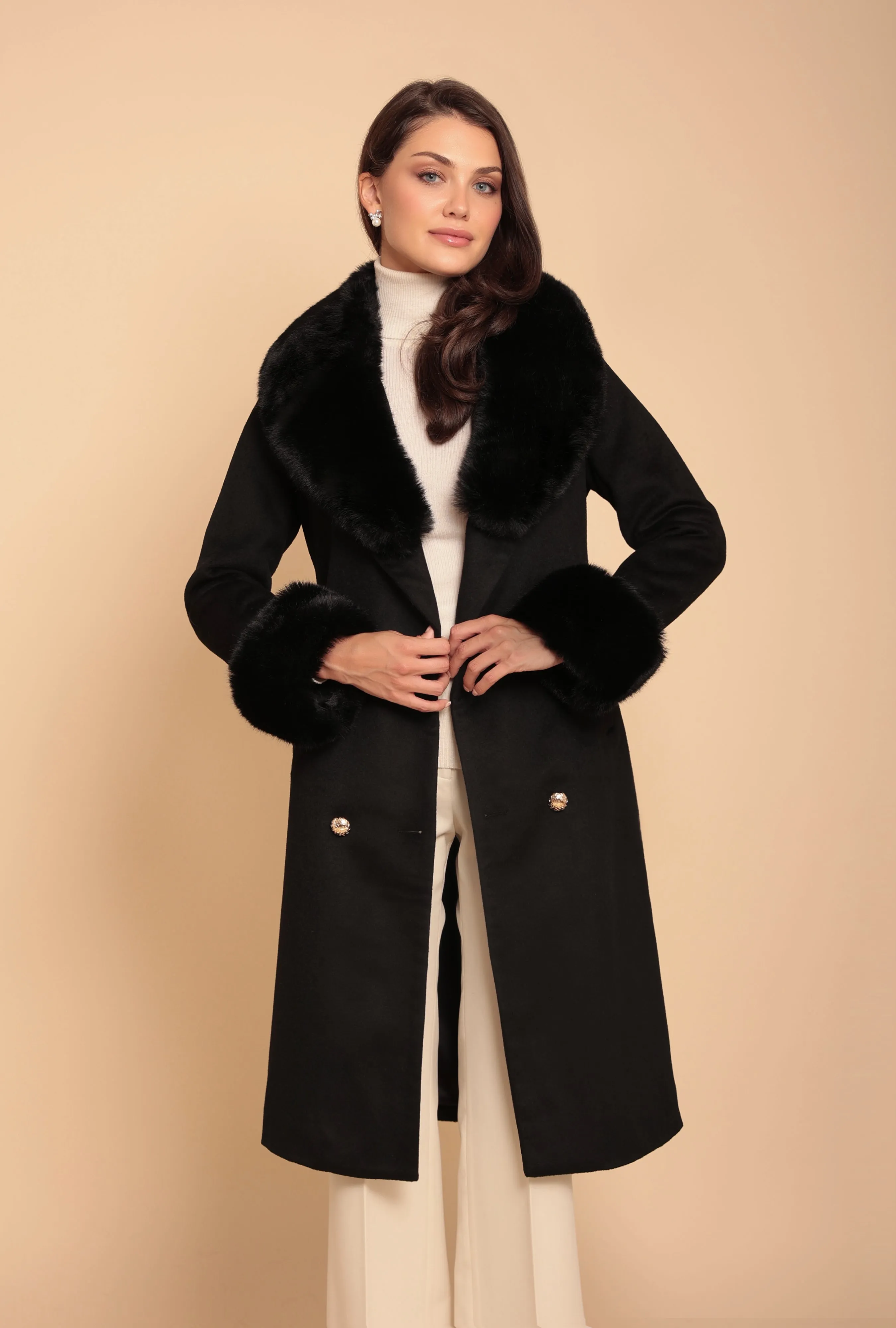 'Marlene' Cashmere and Wool Coat with Faux Fur in Nero