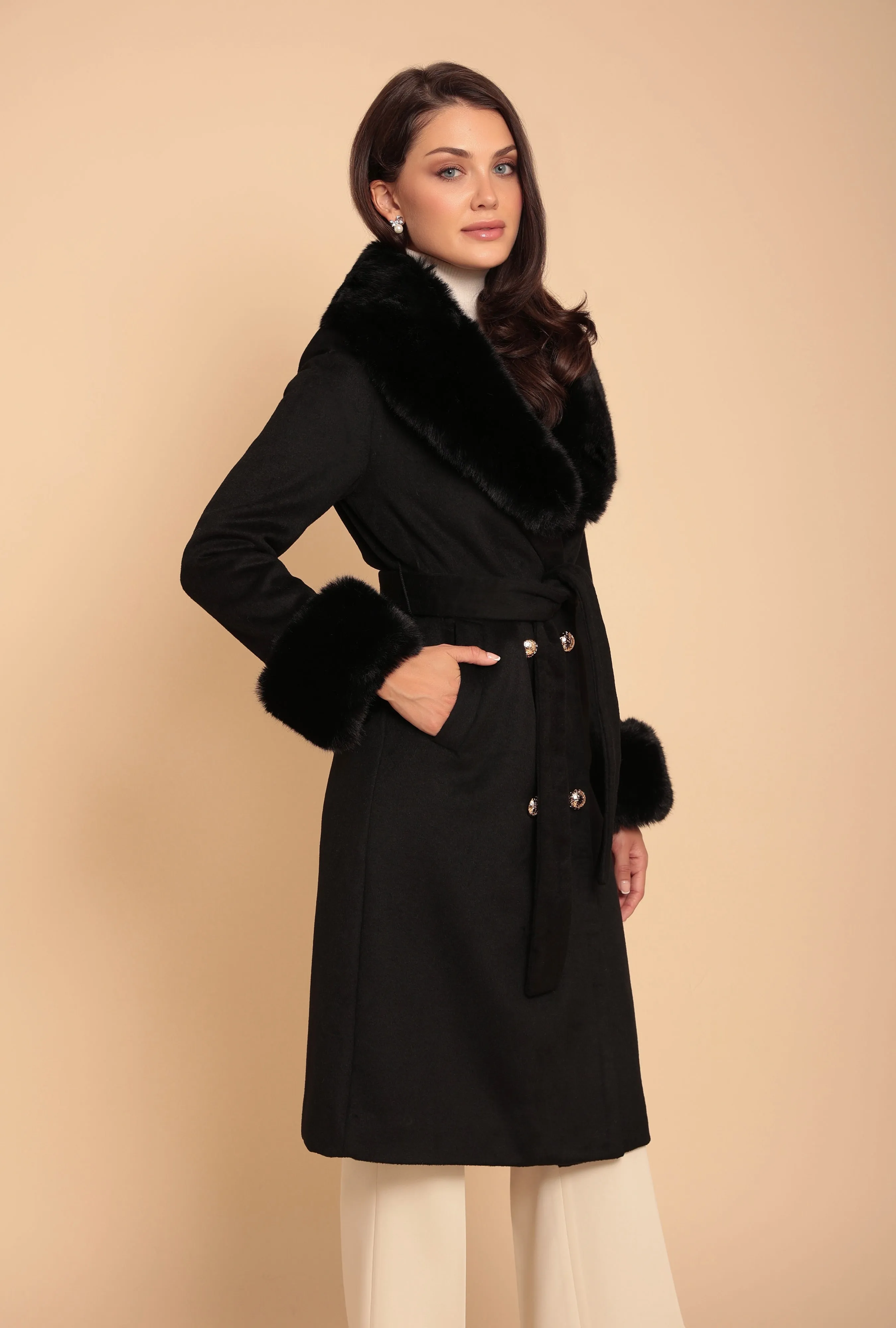 'Marlene' Cashmere and Wool Coat with Faux Fur in Nero