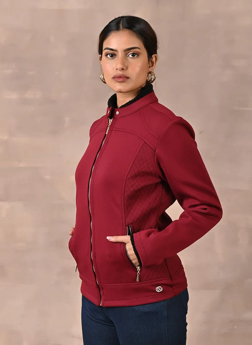 Maroon Quilted Jacket with Zipper Detail