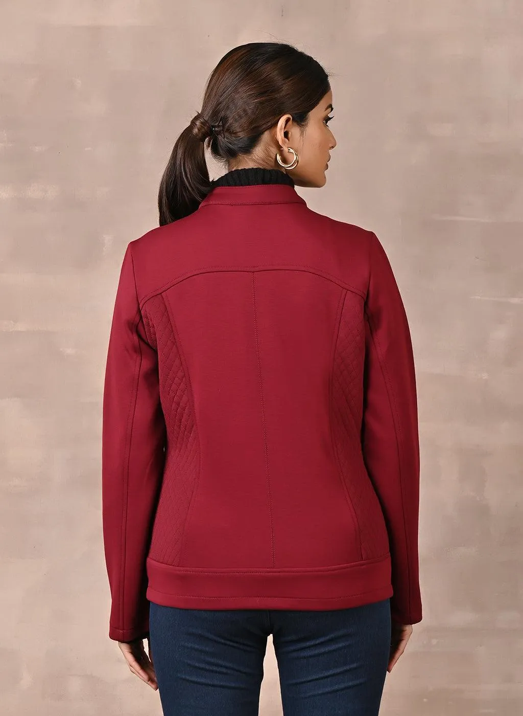 Maroon Quilted Jacket with Zipper Detail