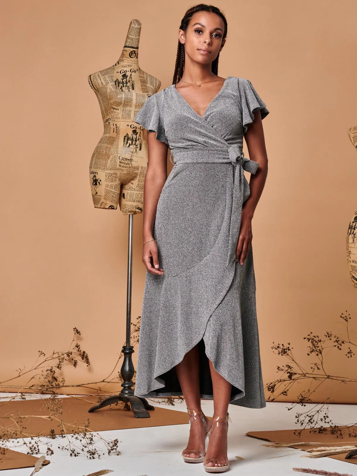 Metallic Effect Ruffle Hem Maxi Dress, Silver