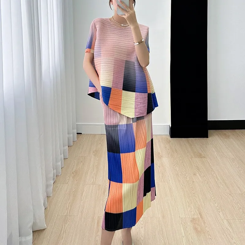 Miyake Pleated Color Block Printed Top and Skirt Set