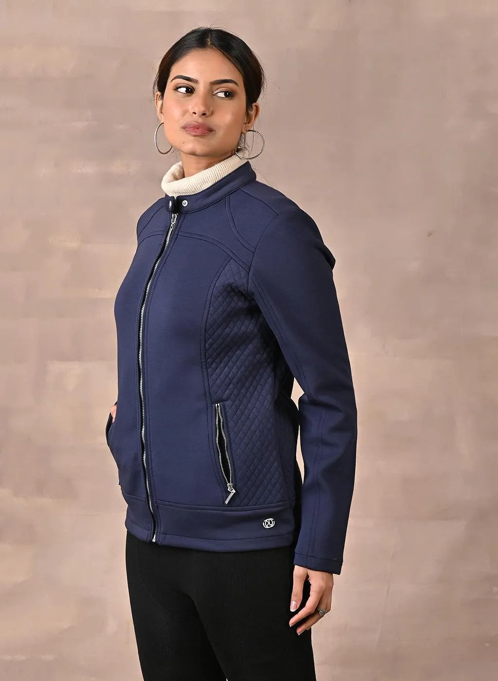 Navy Blue Quilted Jacket with Zipper Detail