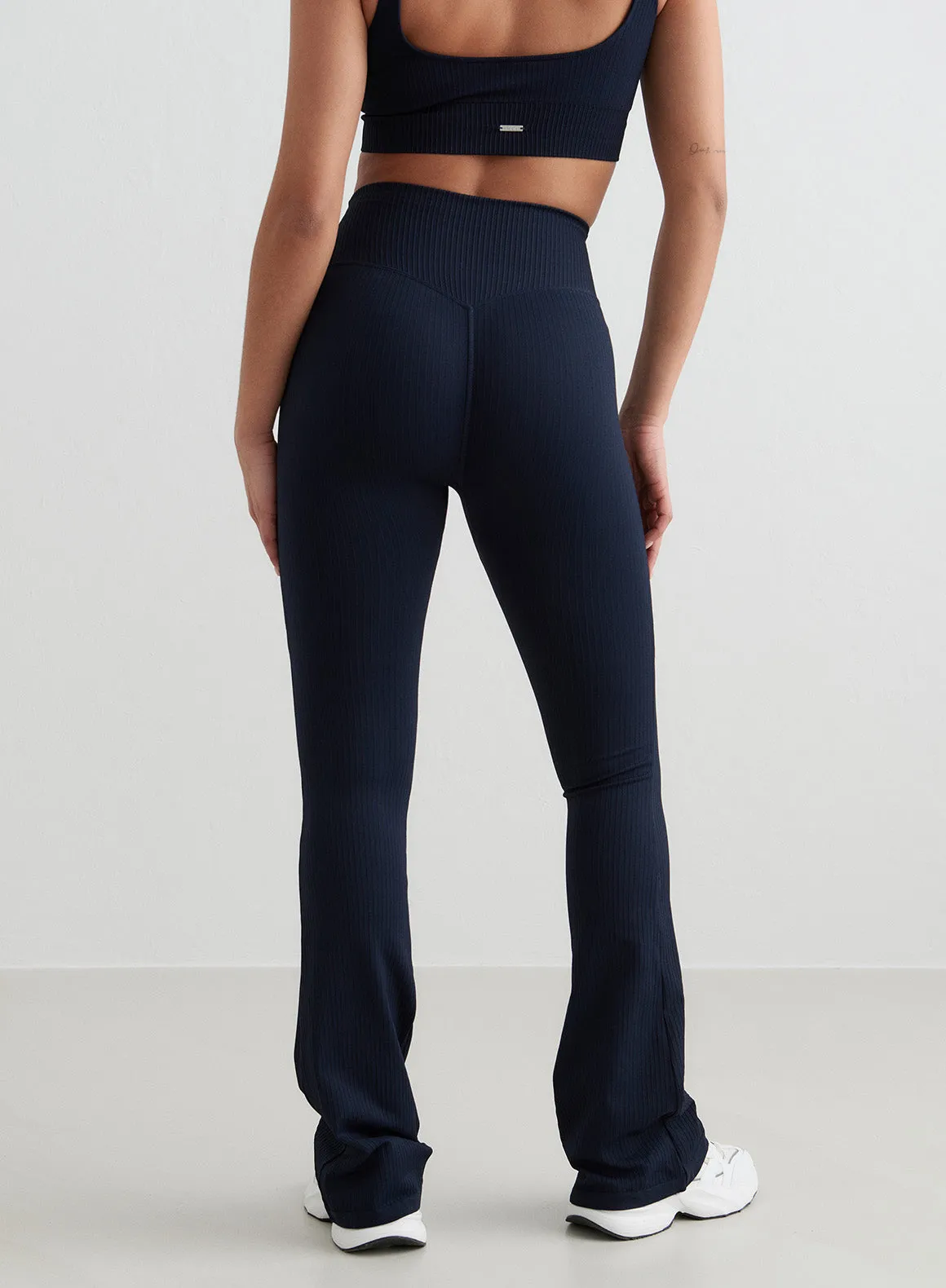 Navy Ribbed Seamless Flare Tights