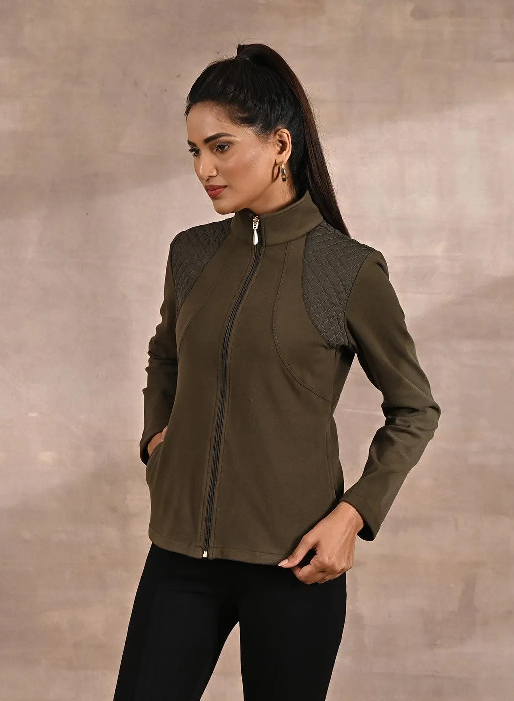 Olive Fleece Full-sleeve Jacket with Quilted Yoke at Front