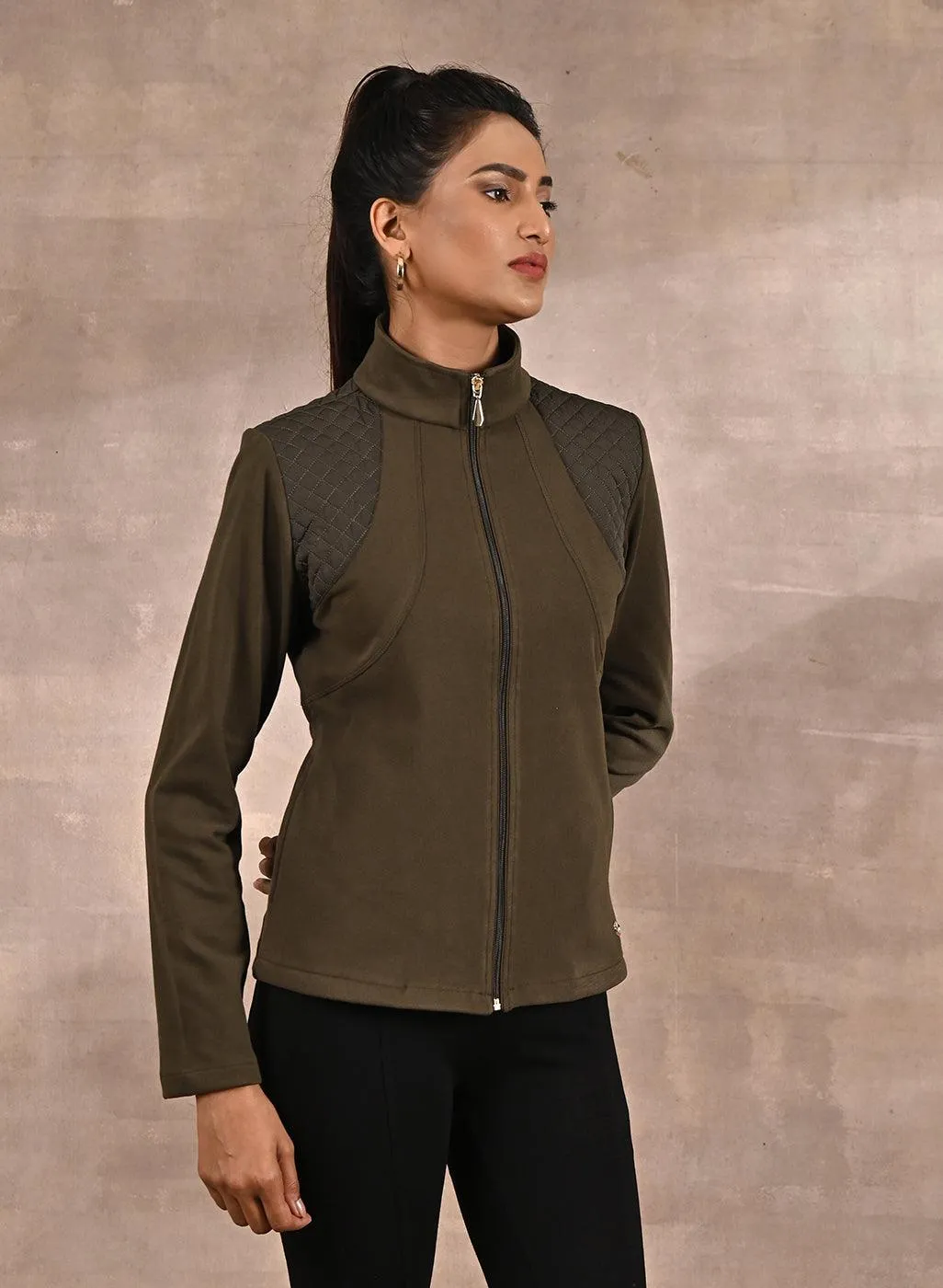 Olive Fleece Full-sleeve Jacket with Quilted Yoke at Front