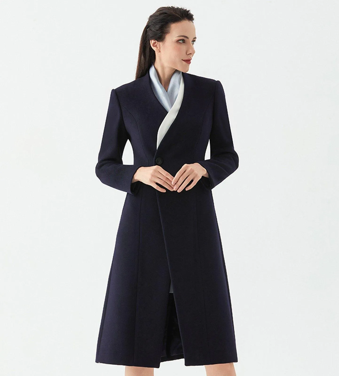 One Button Collarless Wool Blend Coat