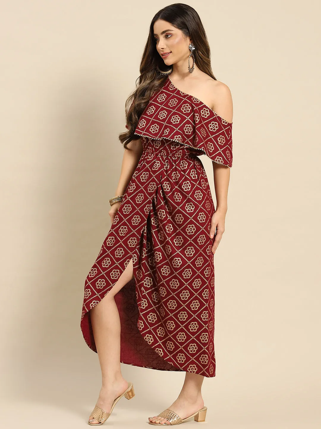 One Shoulder yoke overlap printed dress