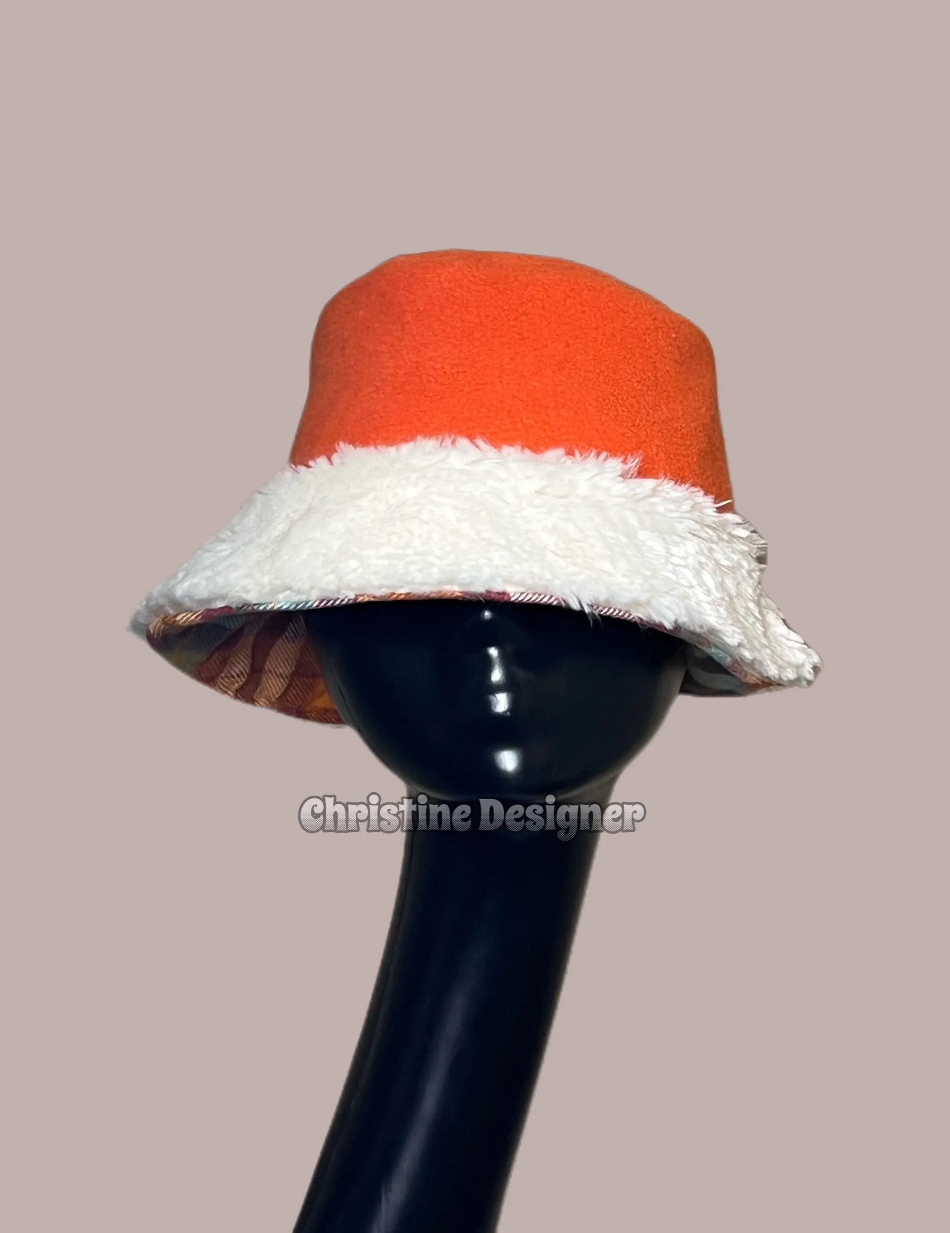 orange wool felt, white fur hat matching coat