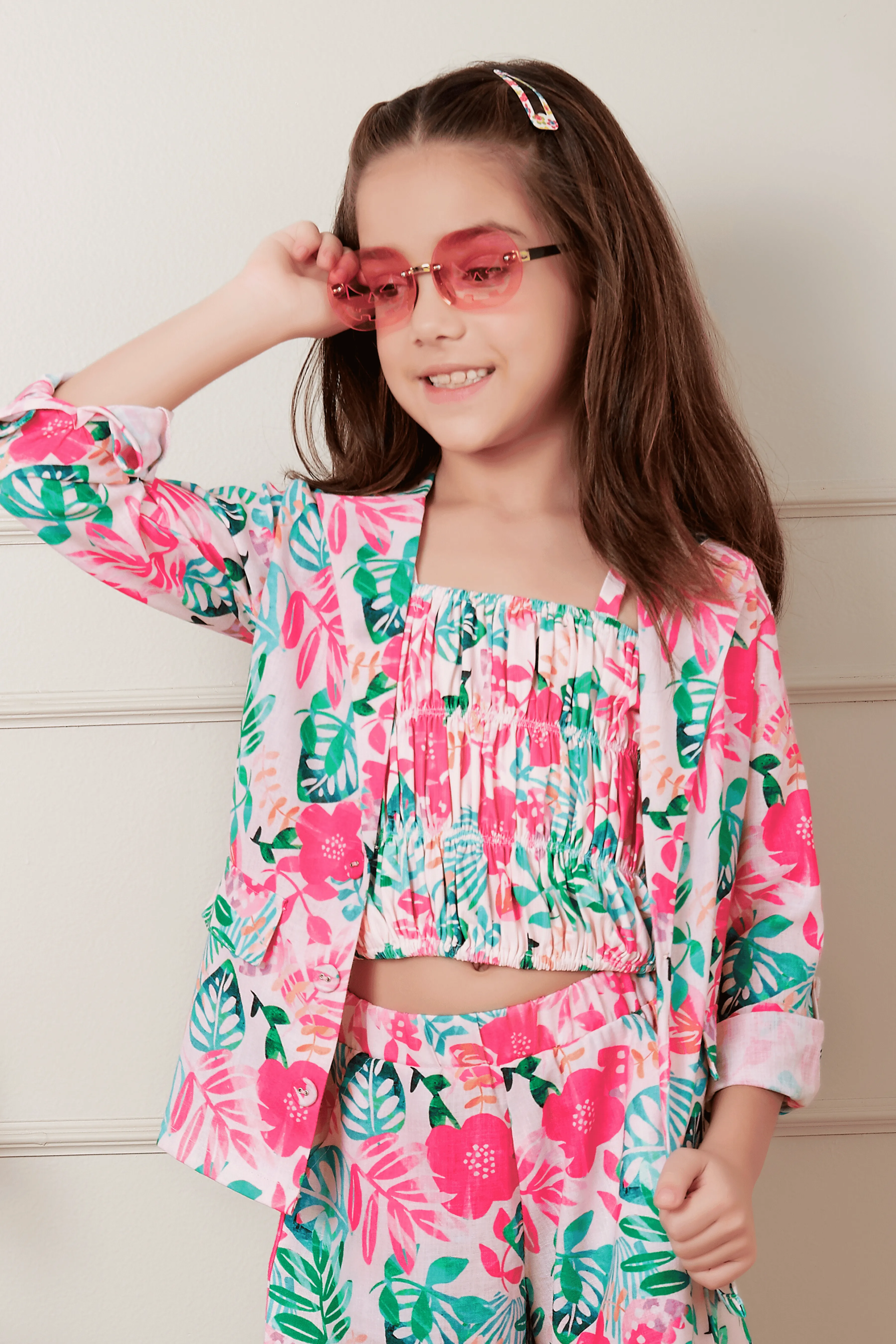 Pink with Multicolor Digital Print Overcoat Styled Top and Shorts For Girls