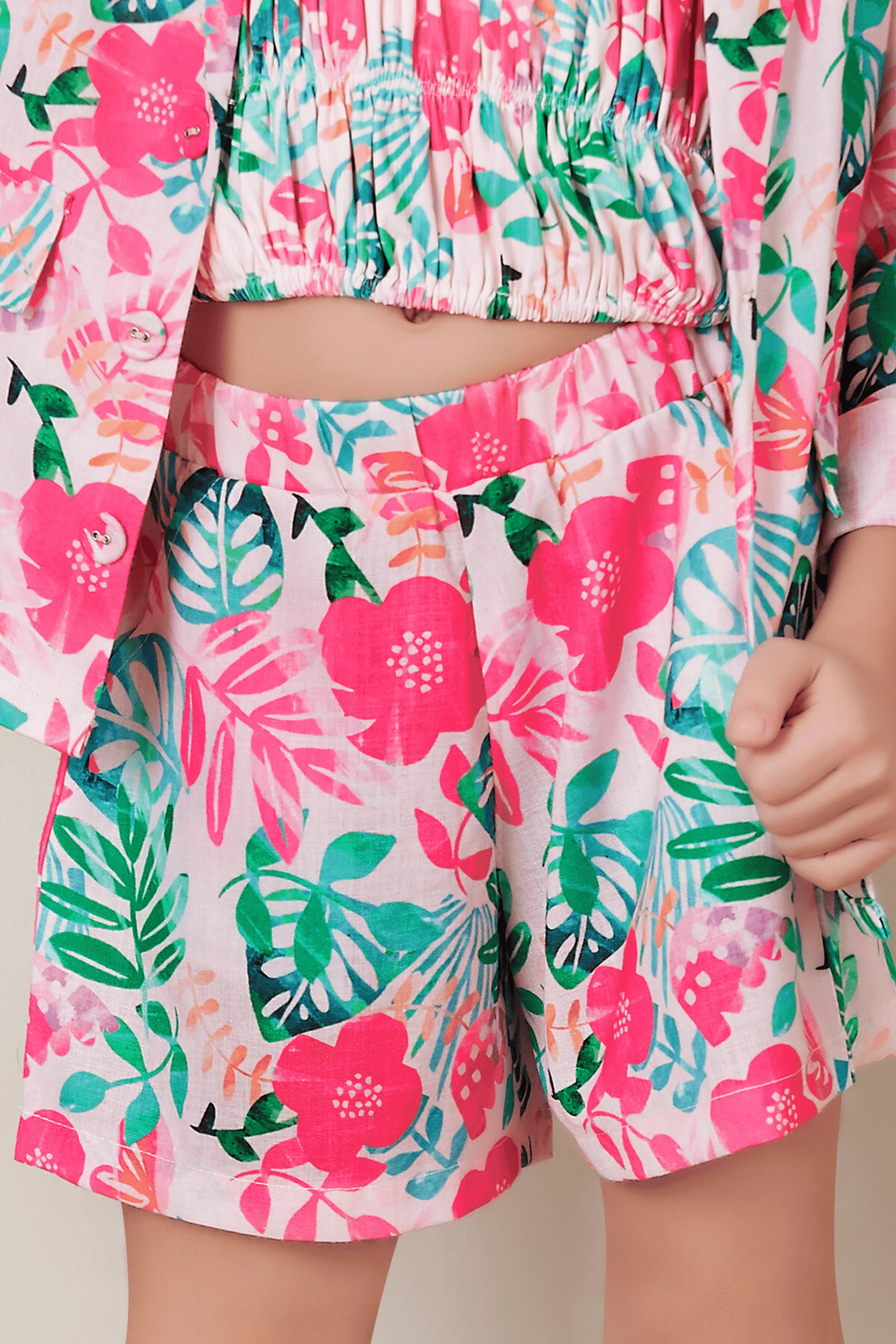 Pink with Multicolor Digital Print Overcoat Styled Top and Shorts For Girls