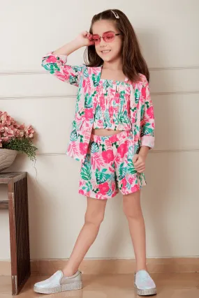 Pink with Multicolor Digital Print Overcoat Styled Top and Shorts For Girls