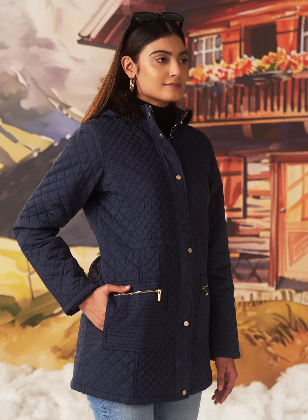 Rasha Navy Monochrome Acrylic Short Jacket for Women