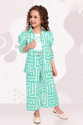 Sea Green with White Print Overcoat Styled Palazzo Set for Girls