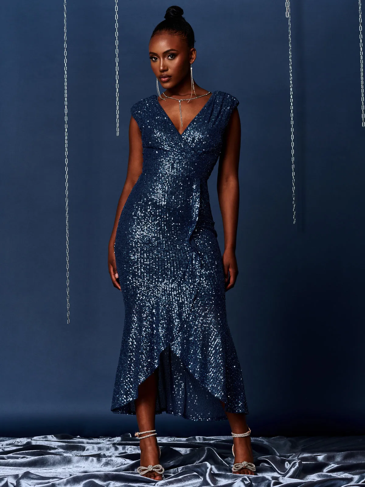 Sequin Wrap Fishtail Maxi Dress, Navy