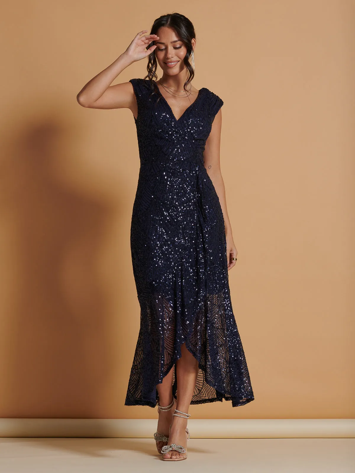 Sequin Wrap Ruffle Hem Maxi Dress, Navy