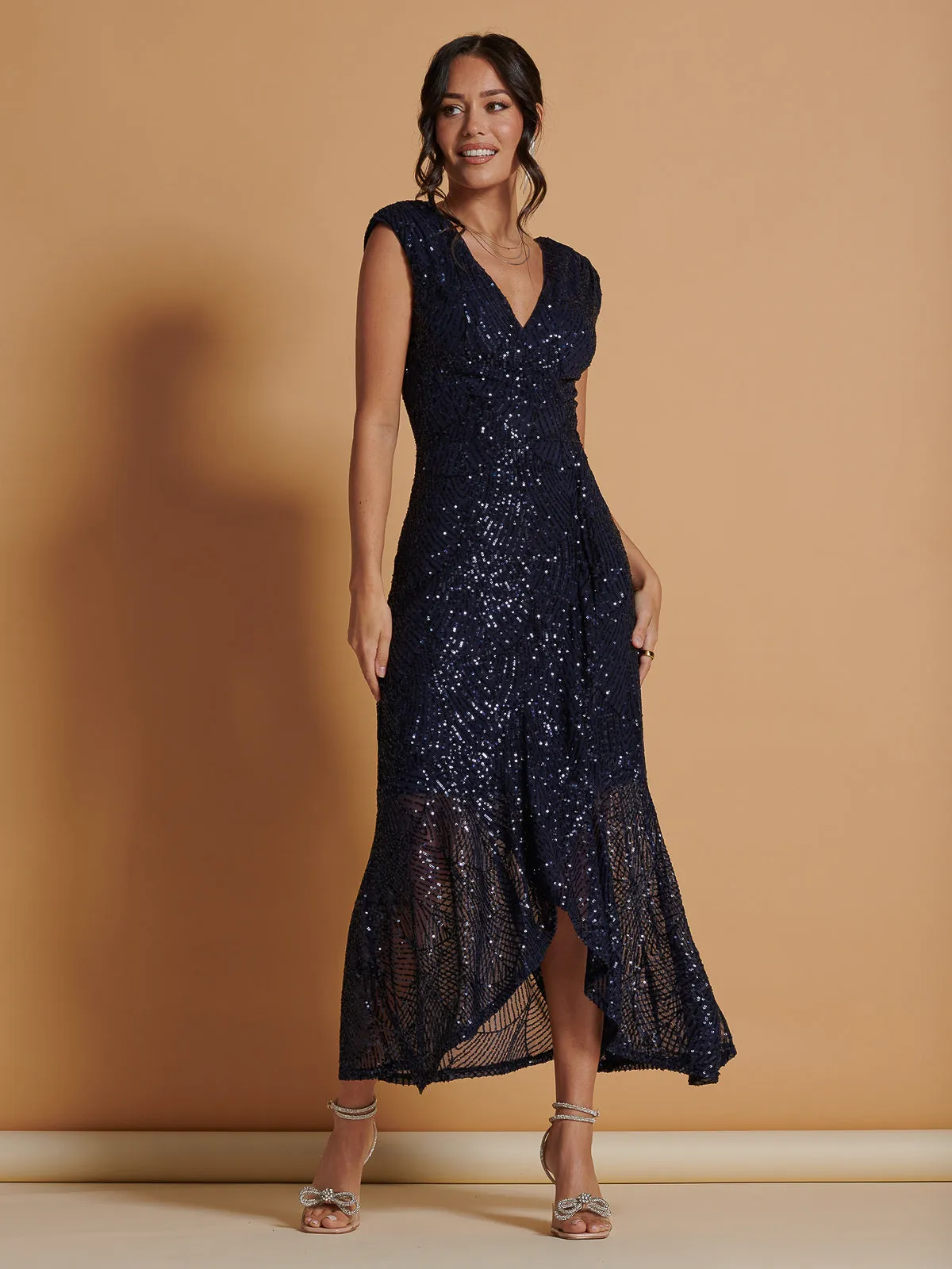 Sequin Wrap Ruffle Hem Maxi Dress, Navy