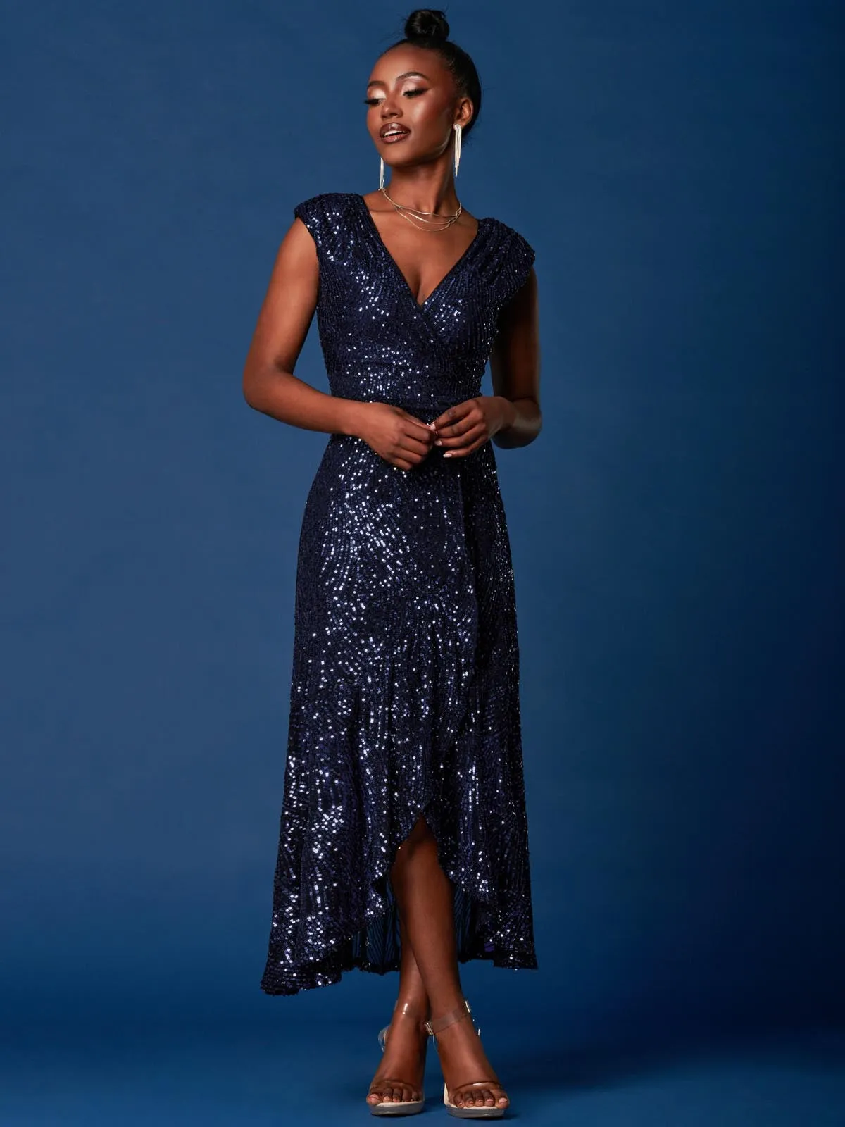 Sequin Wrap Ruffle Hem Maxi Dress, Navy