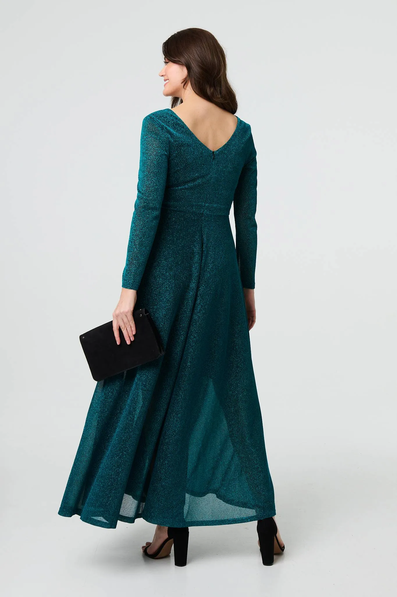 Sparkly V-Neck Long Sleeve Maxi Dress