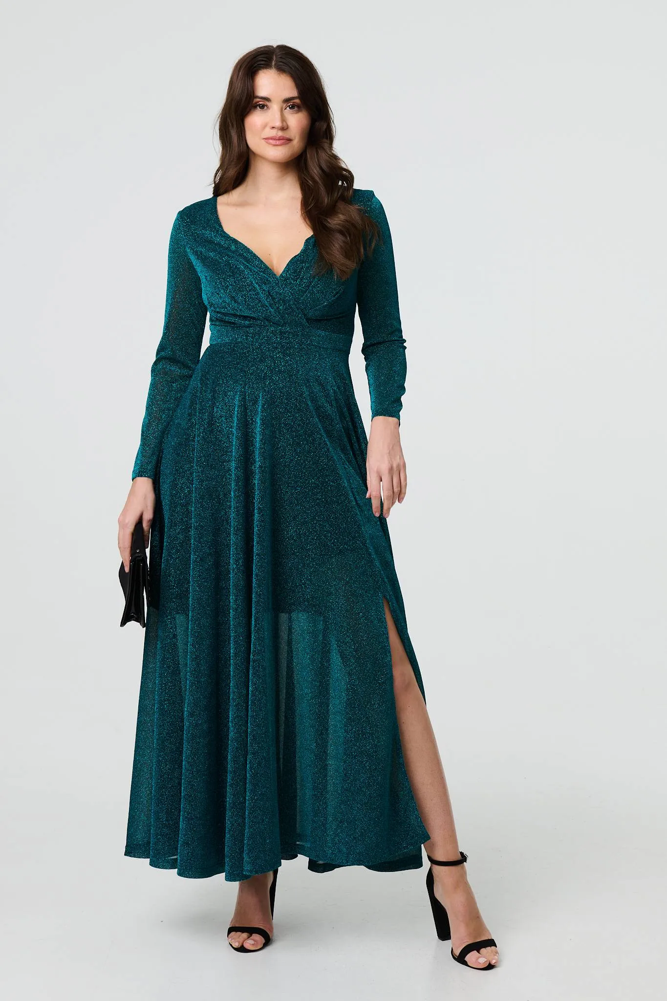 Sparkly V-Neck Long Sleeve Maxi Dress