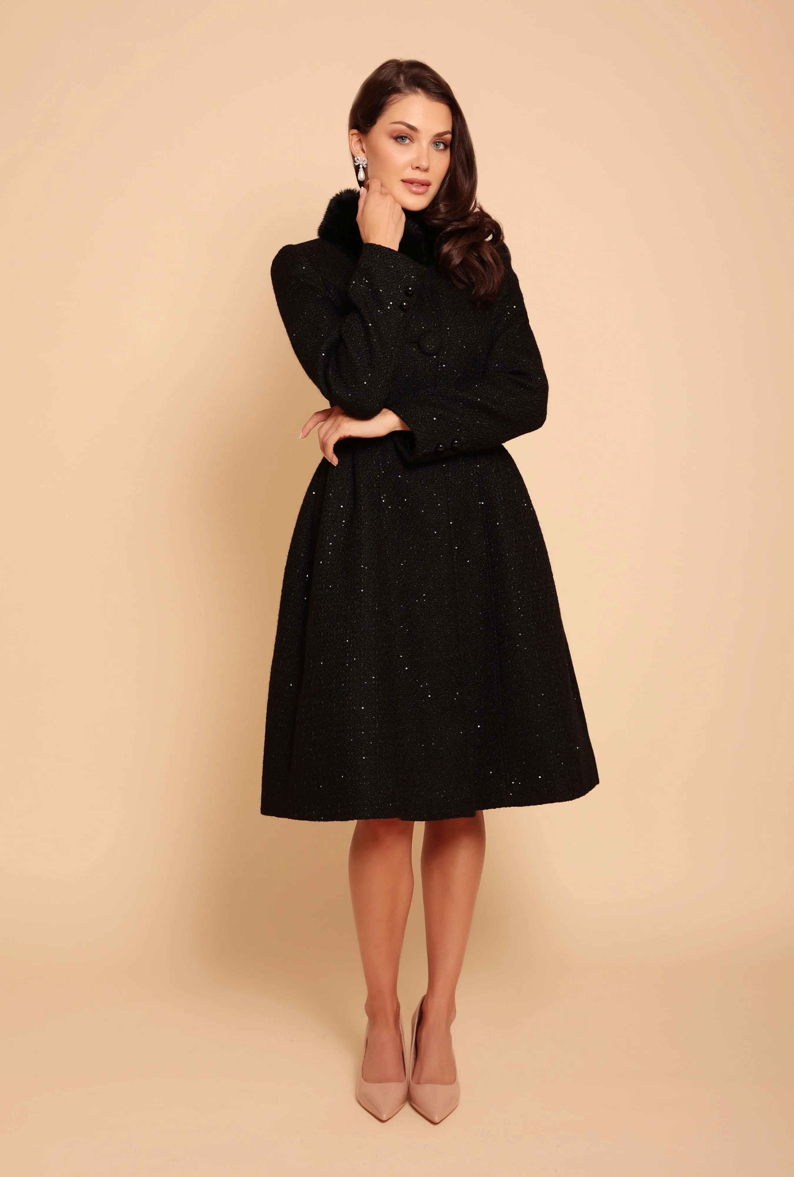 'Starlet' Wool Tweed Dress Coat with Faux Fur in Nero