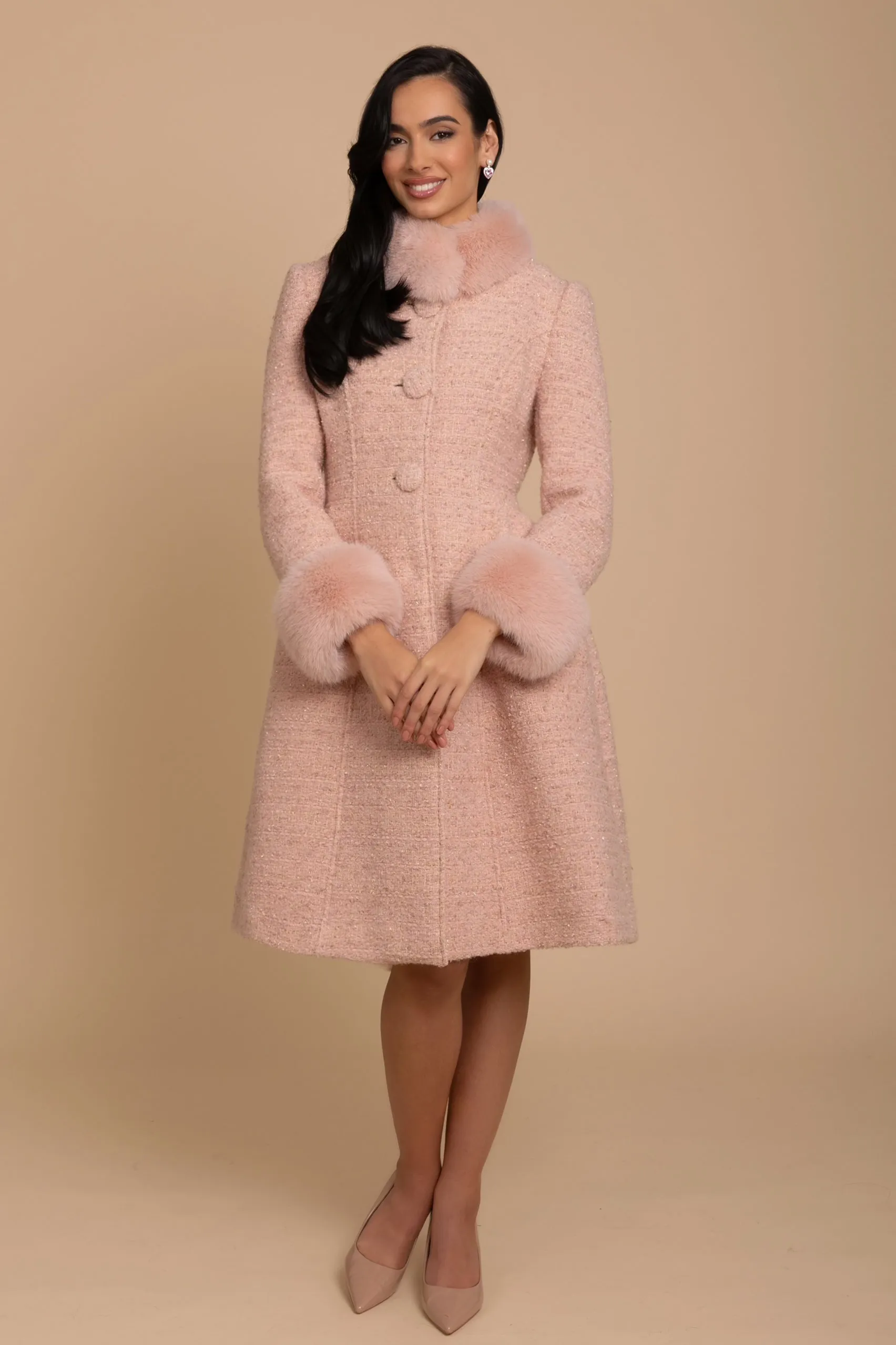 'Starlet' Wool Tweed Dress Coat with Faux Fur in Rosa