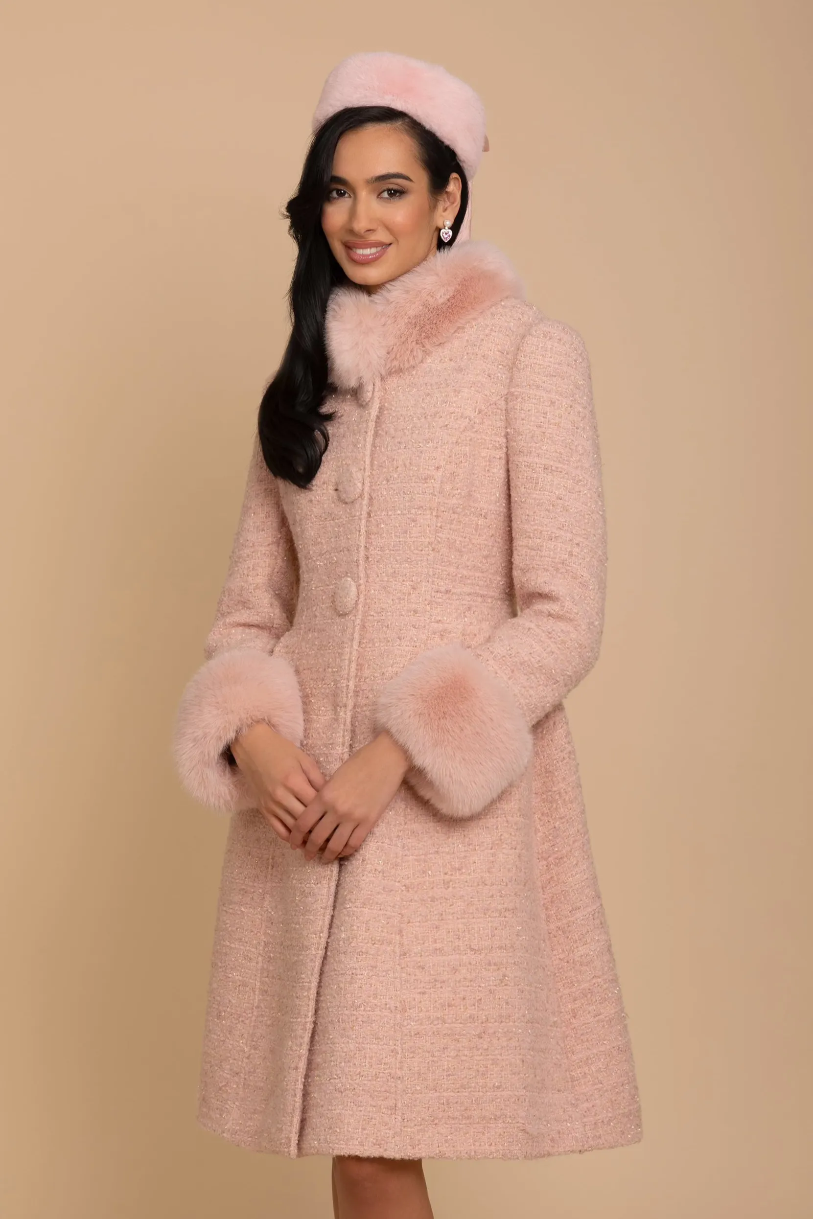 'Starlet' Wool Tweed Dress Coat with Faux Fur in Rosa