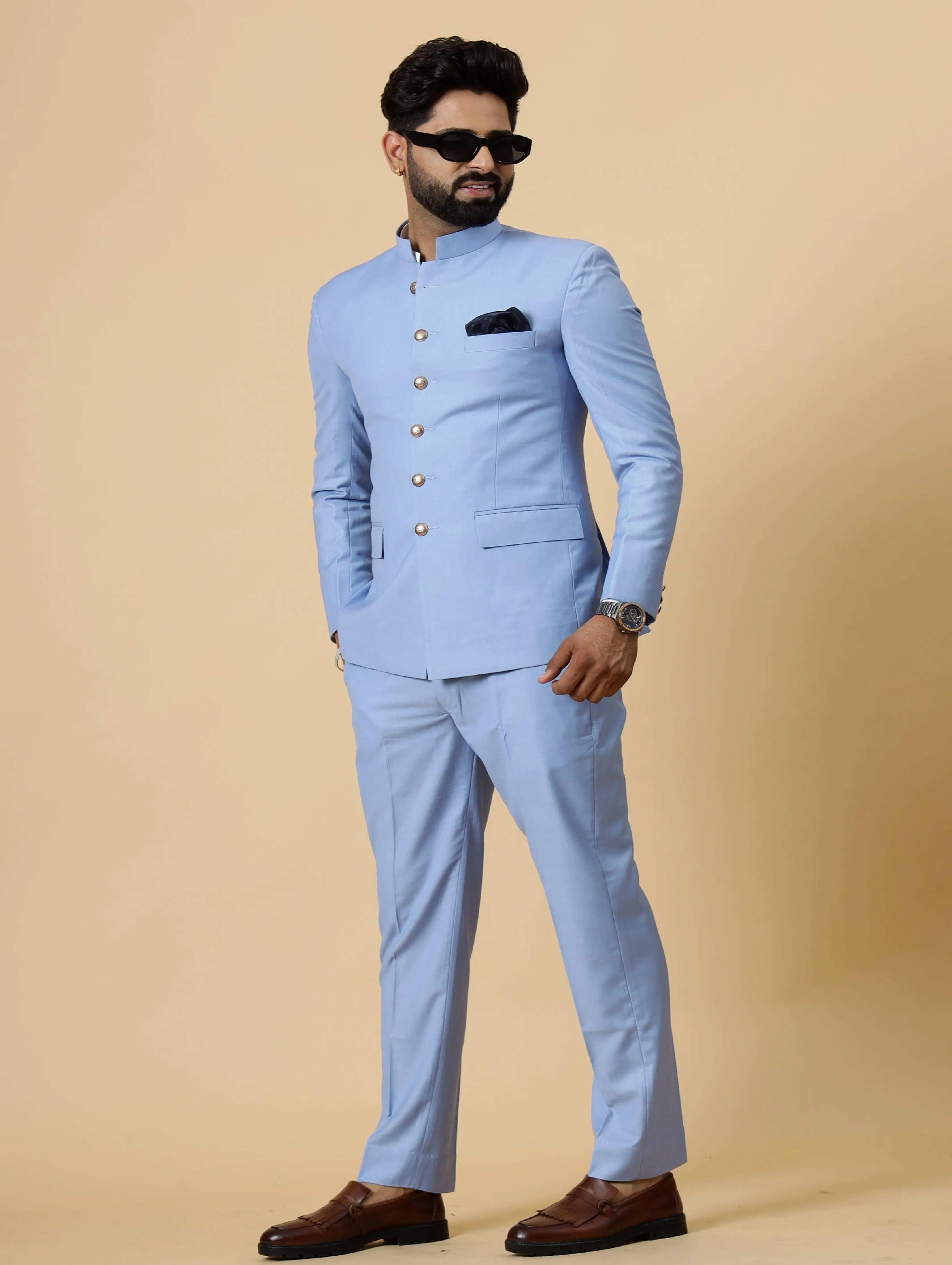 Traditional Corn-Flower Blue Jodhpuri Suit | Perfect for Wedding and Casual wear|