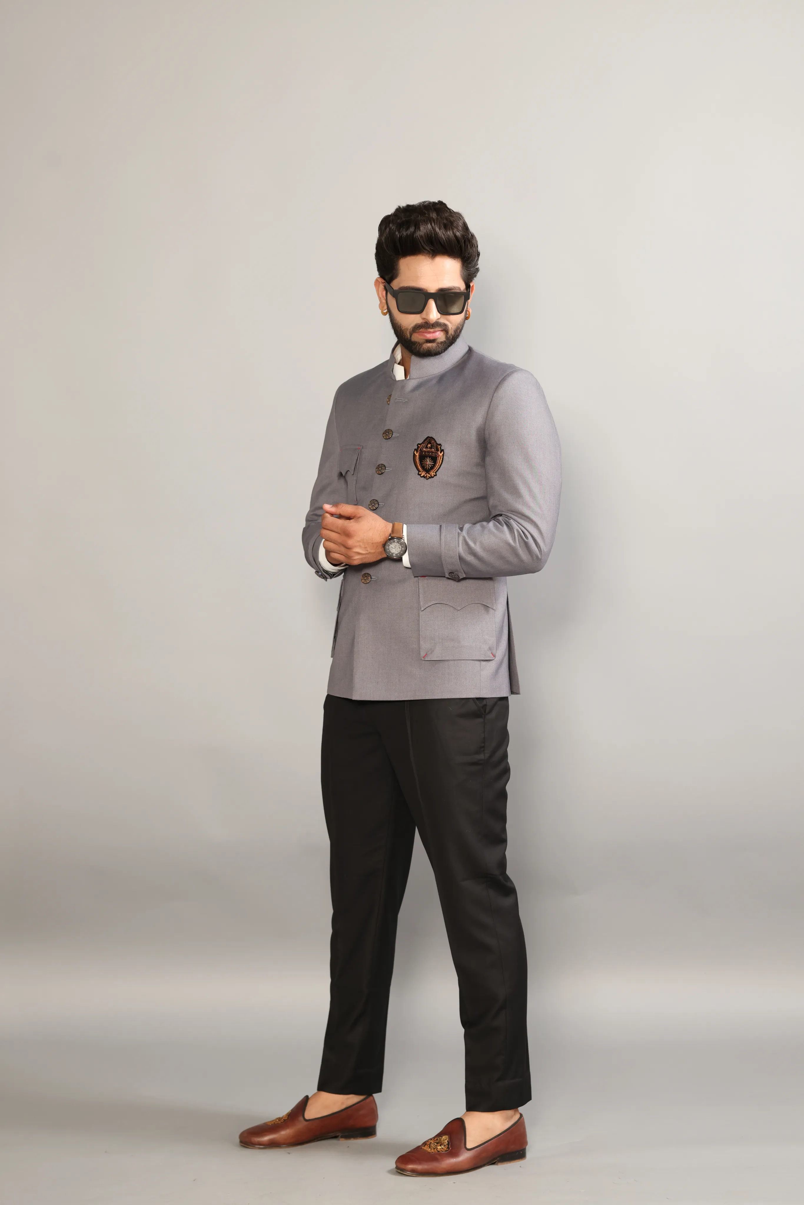 Traditional Regal Grey Bandhgala With Handmade Embroidery Signature Logo on Chest |Black Trouser| Traditional n Trendy, Designer Bandgala, Elite Gentlemen Look|