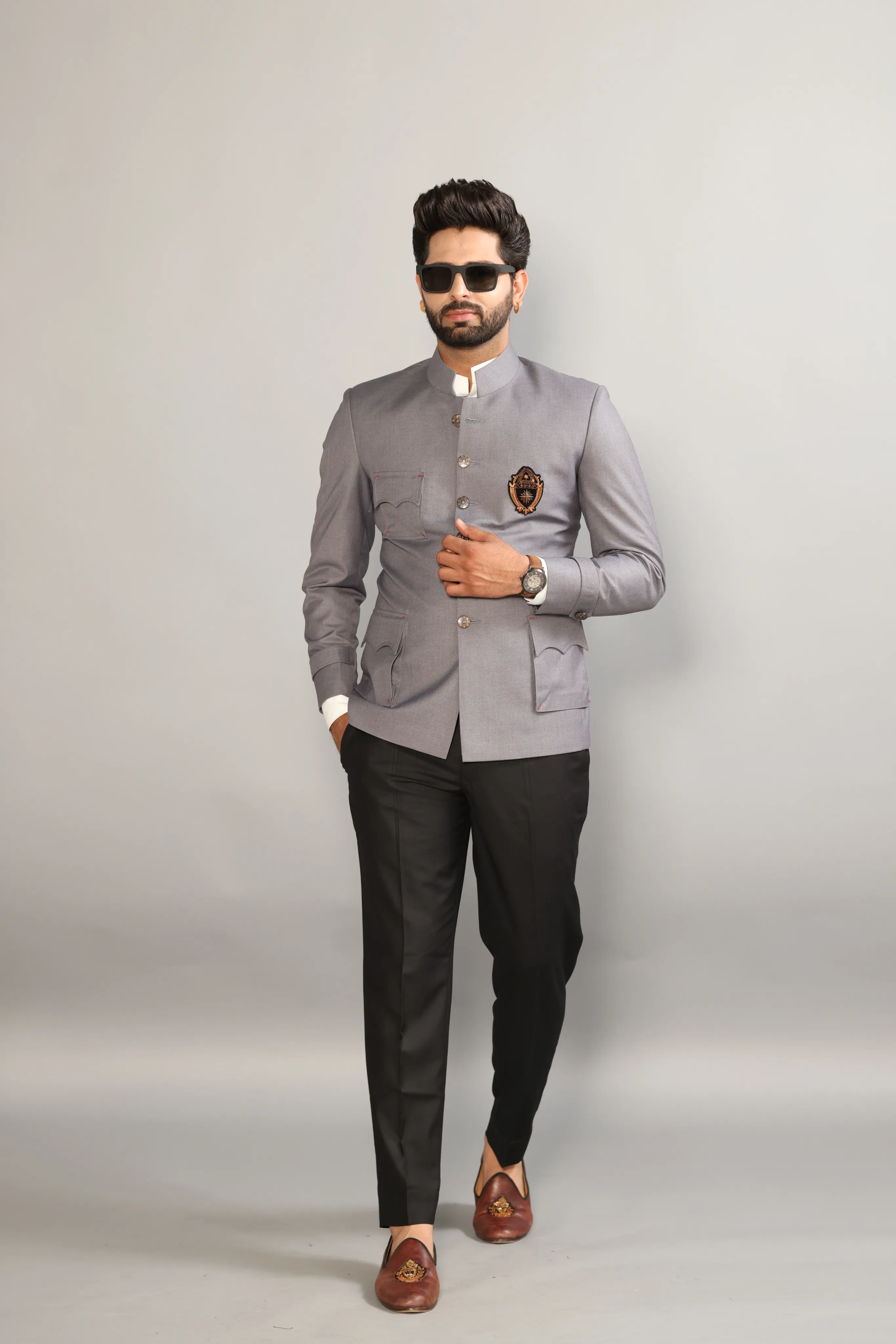 Traditional Regal Grey Bandhgala With Handmade Embroidery Signature Logo on Chest |Black Trouser| Traditional n Trendy, Designer Bandgala, Elite Gentlemen Look|