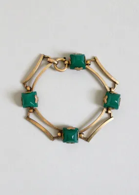 Vintage 1930s Art Deco Green Glass and Brass Bracelet