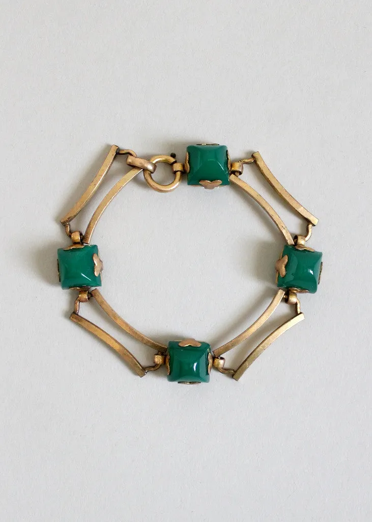 Vintage 1930s Art Deco Green Glass and Brass Bracelet