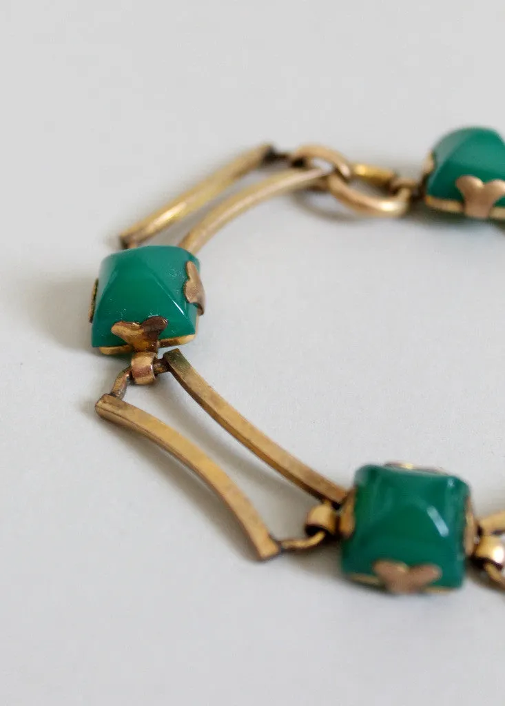 Vintage 1930s Art Deco Green Glass and Brass Bracelet