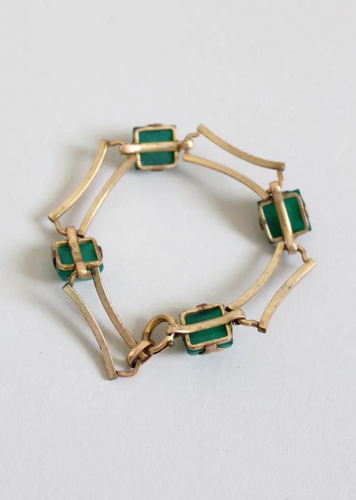 Vintage 1930s Art Deco Green Glass and Brass Bracelet