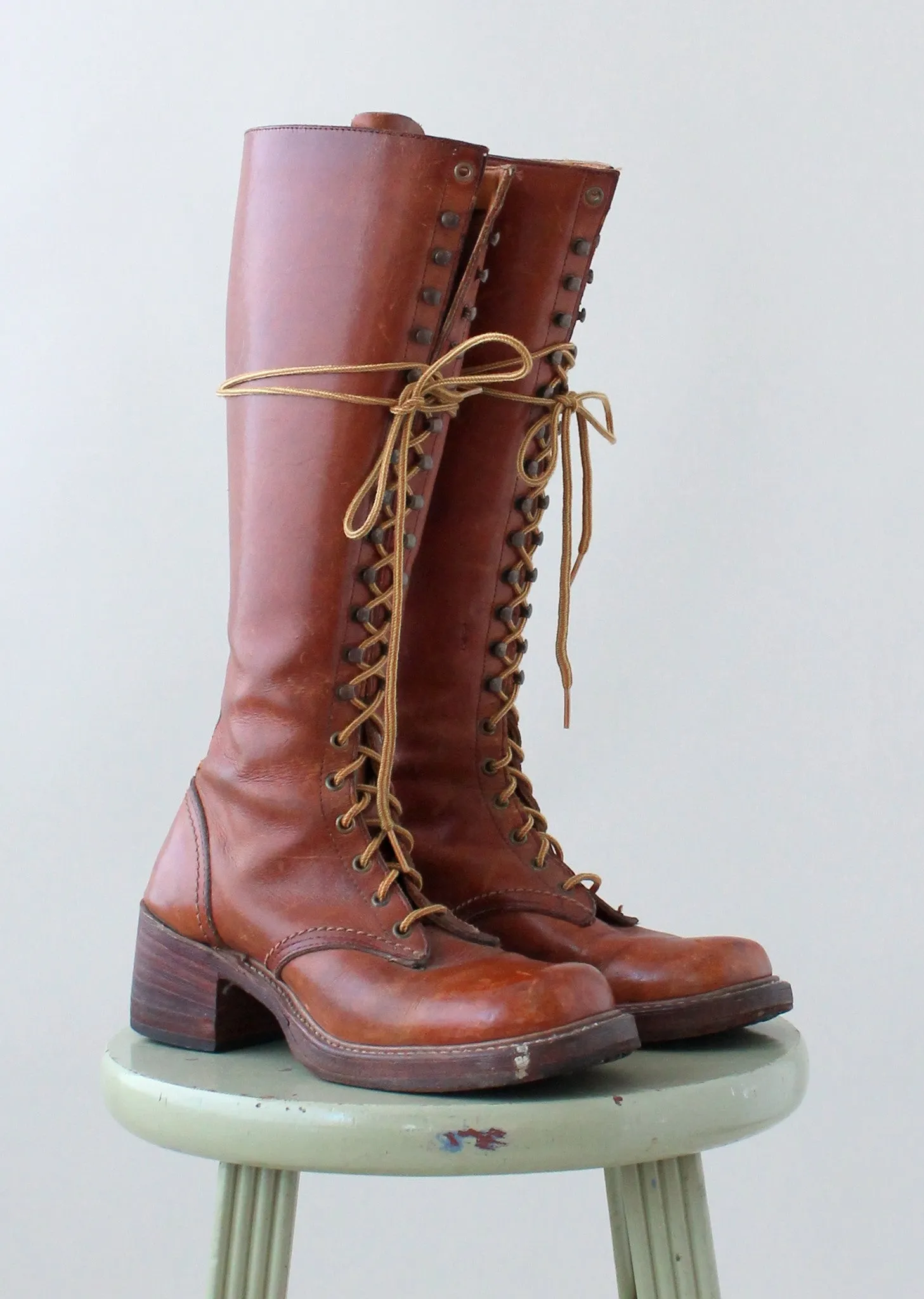 Vintage 1970s Brown Leather Tall Lace Up Boots