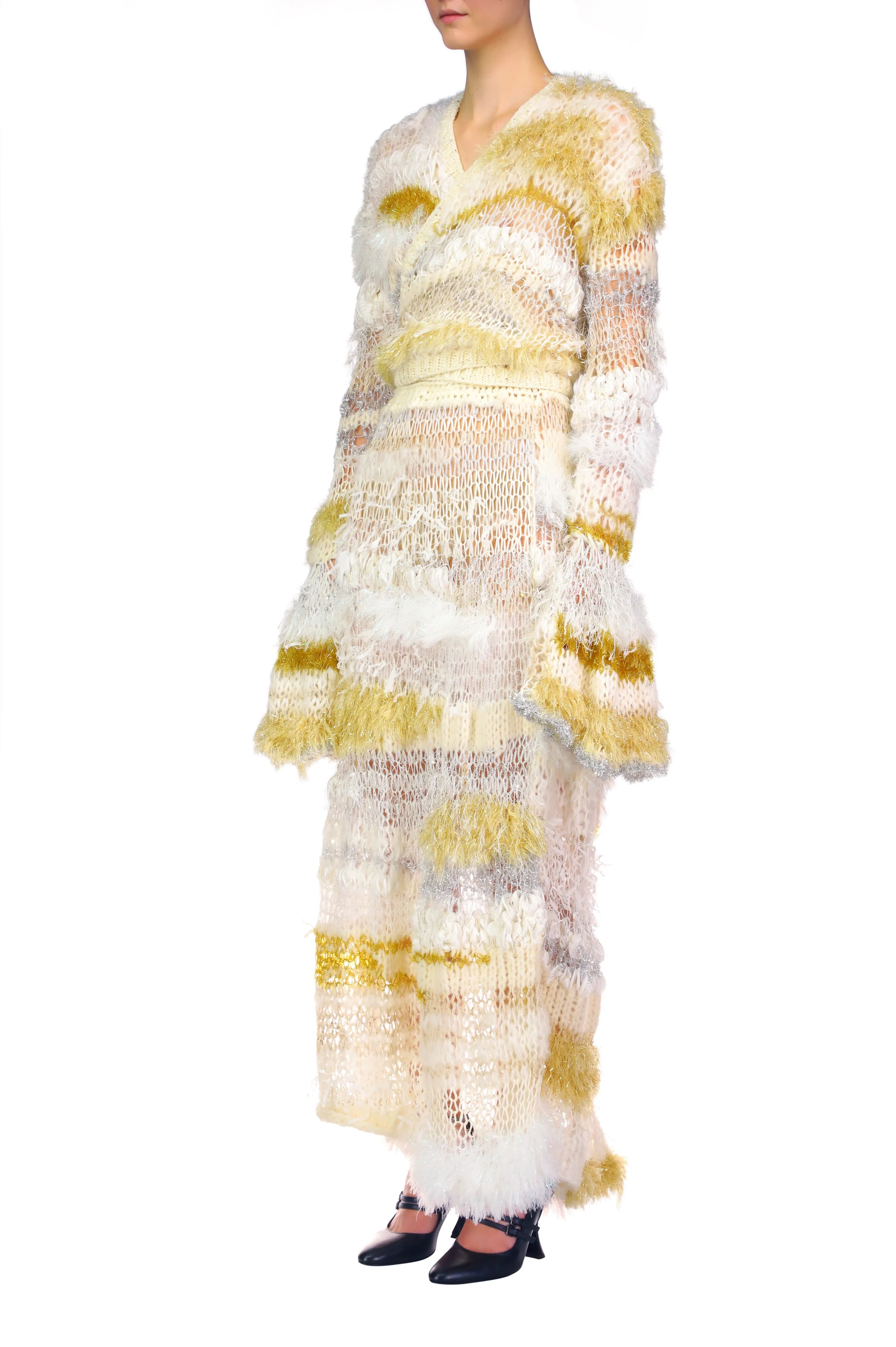 White And Gold Hand Loose Knit Wrap Sweater