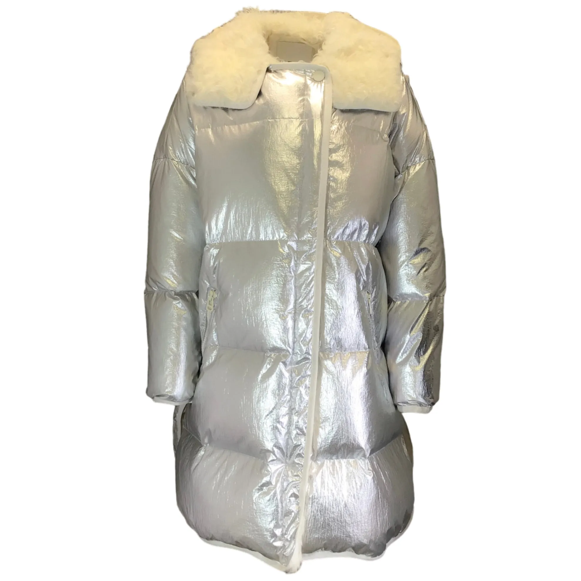 Yves Salomon Army Silver Metallic / Ivory Lamb Shearling Trimmed Hooded Quilted Down Puffer Coat